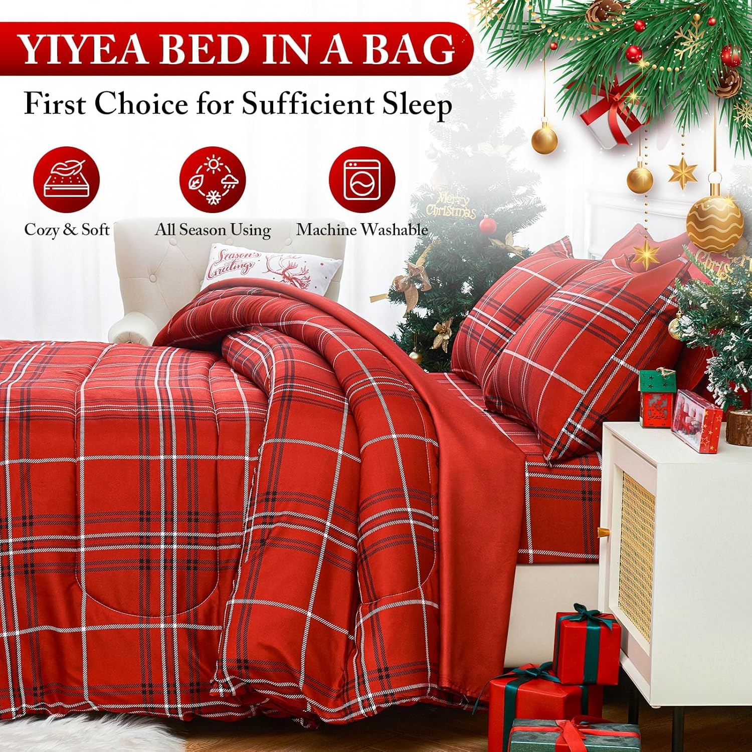 YIYEA Christmas Comforter Set, 7 Pieces Bed in a Bag, Christmas Bedding Sets with Comforter, Flat Sheet, Fitted Sheet, 2 Embroidered Pillowcases, and 2 Printed Pillowcases, King