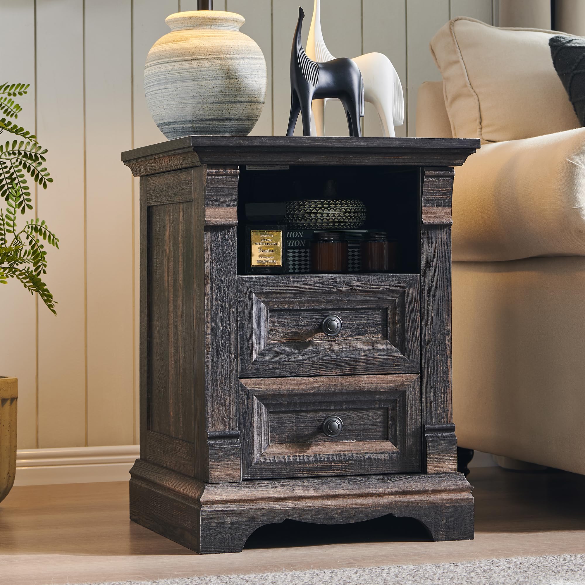Farmhouse Nightstand with Charging Station 18 End Table with 2 Drawers Storage and 1 Storage Shelf Wooden Sofa