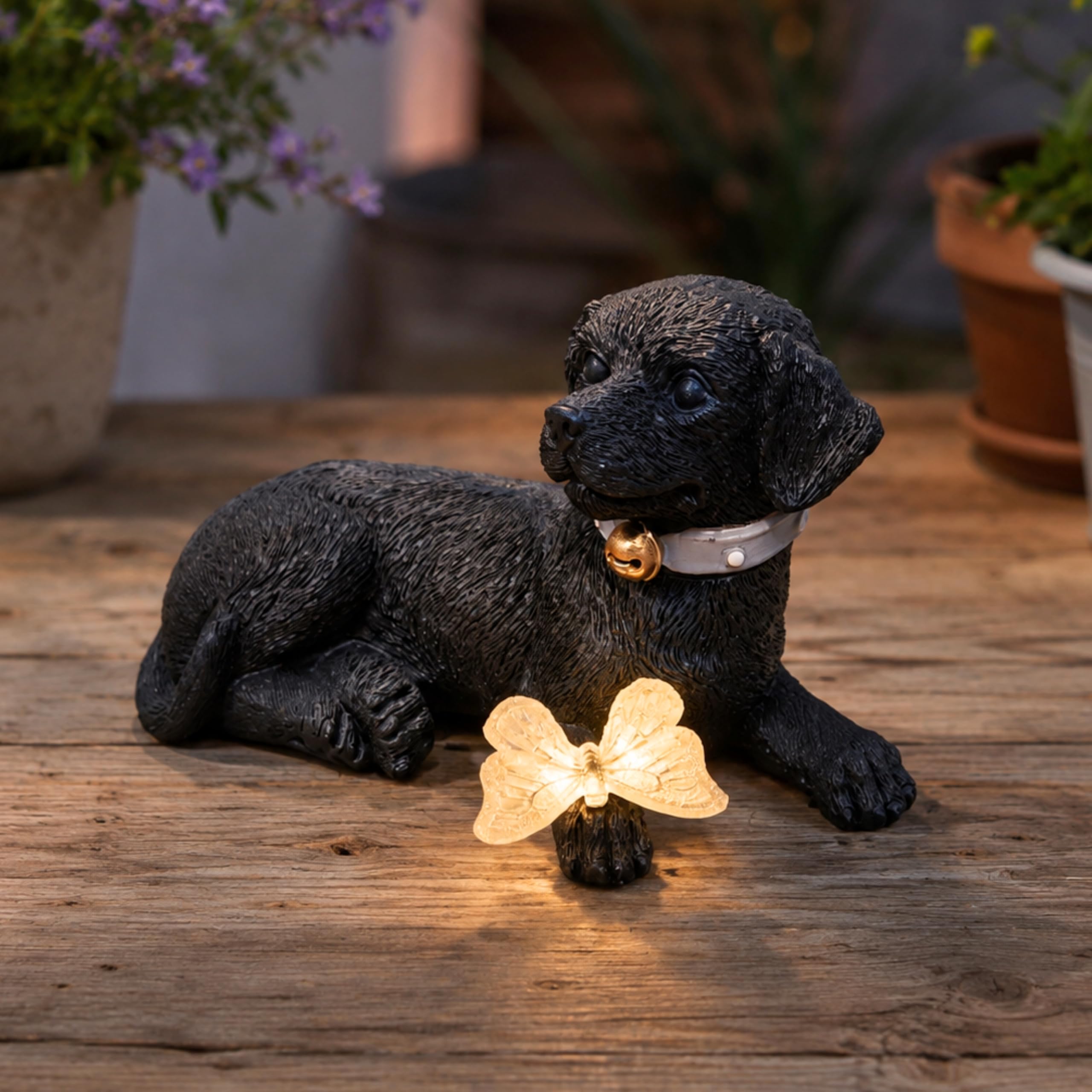 Garden Mile Black Solar Dog Garden Ornament With Light Up Butterfly Resin Puppy Statue