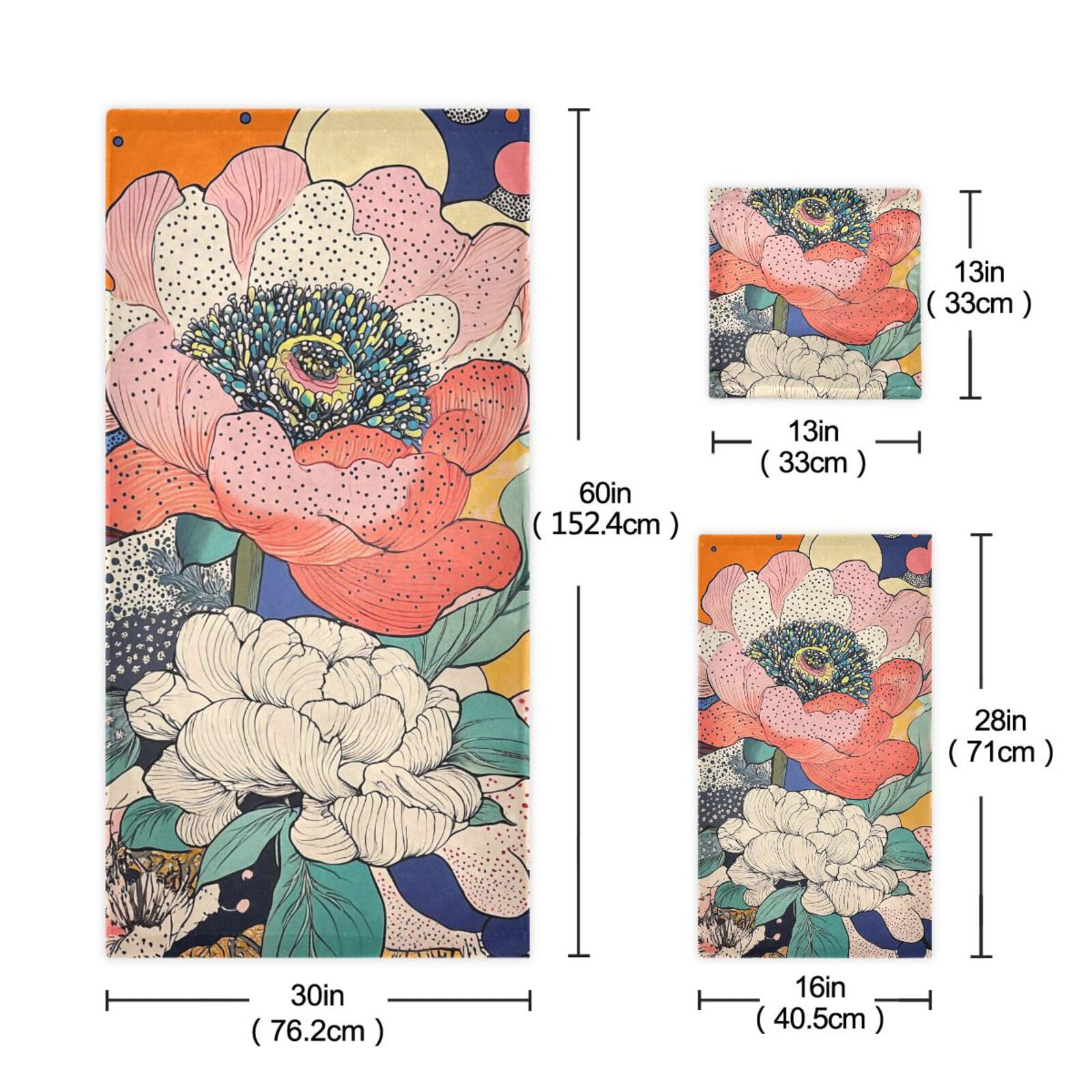 Set di 3 asciugamani colorati con fiori di peonia, 1 asciugamano da bagno, 1 asciugamano per le mani, 1 panno per cucina, bagno, yoga, palestra