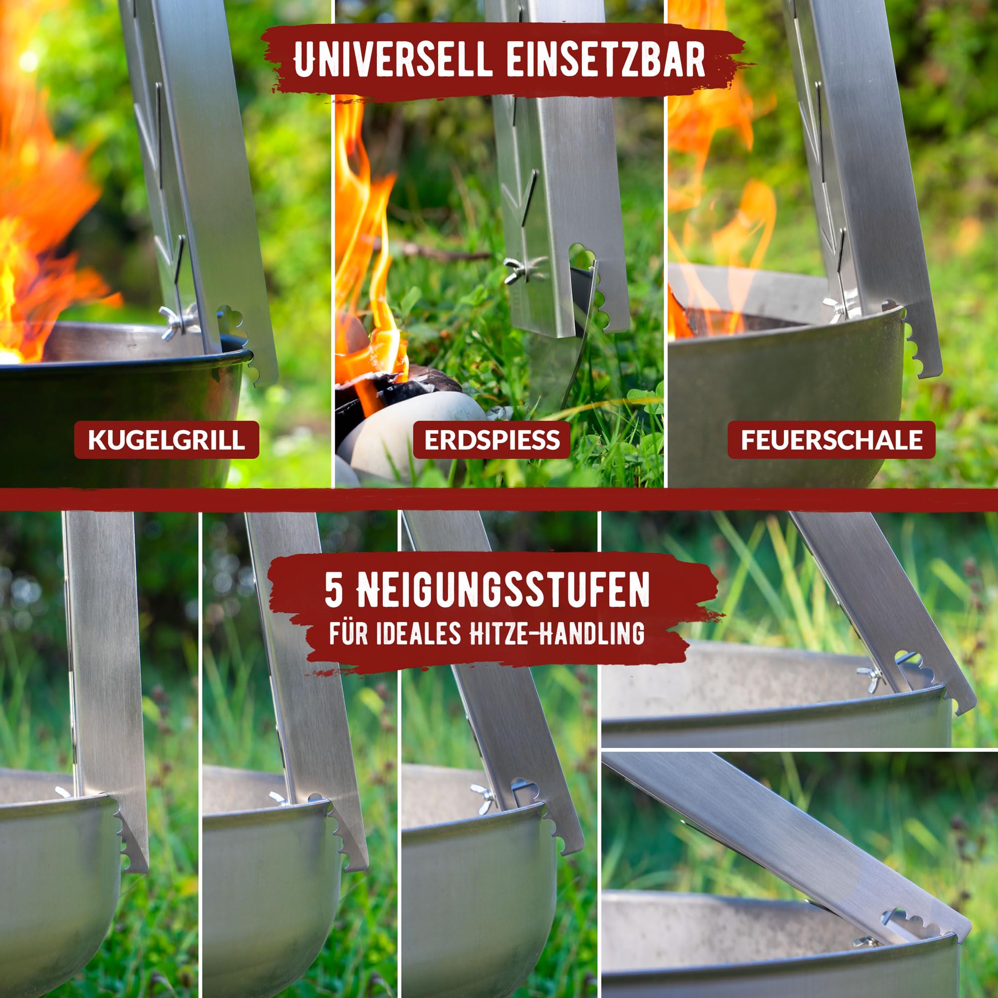 grillart® XXL Premium Flammlachsbrett aus Edelstahl – 180° drehbar & 5-fach verstellbar – Lachsbrett für Grill & Feuerstelle – Robustes Grillzubehör - 55cm lang und 18cm breit