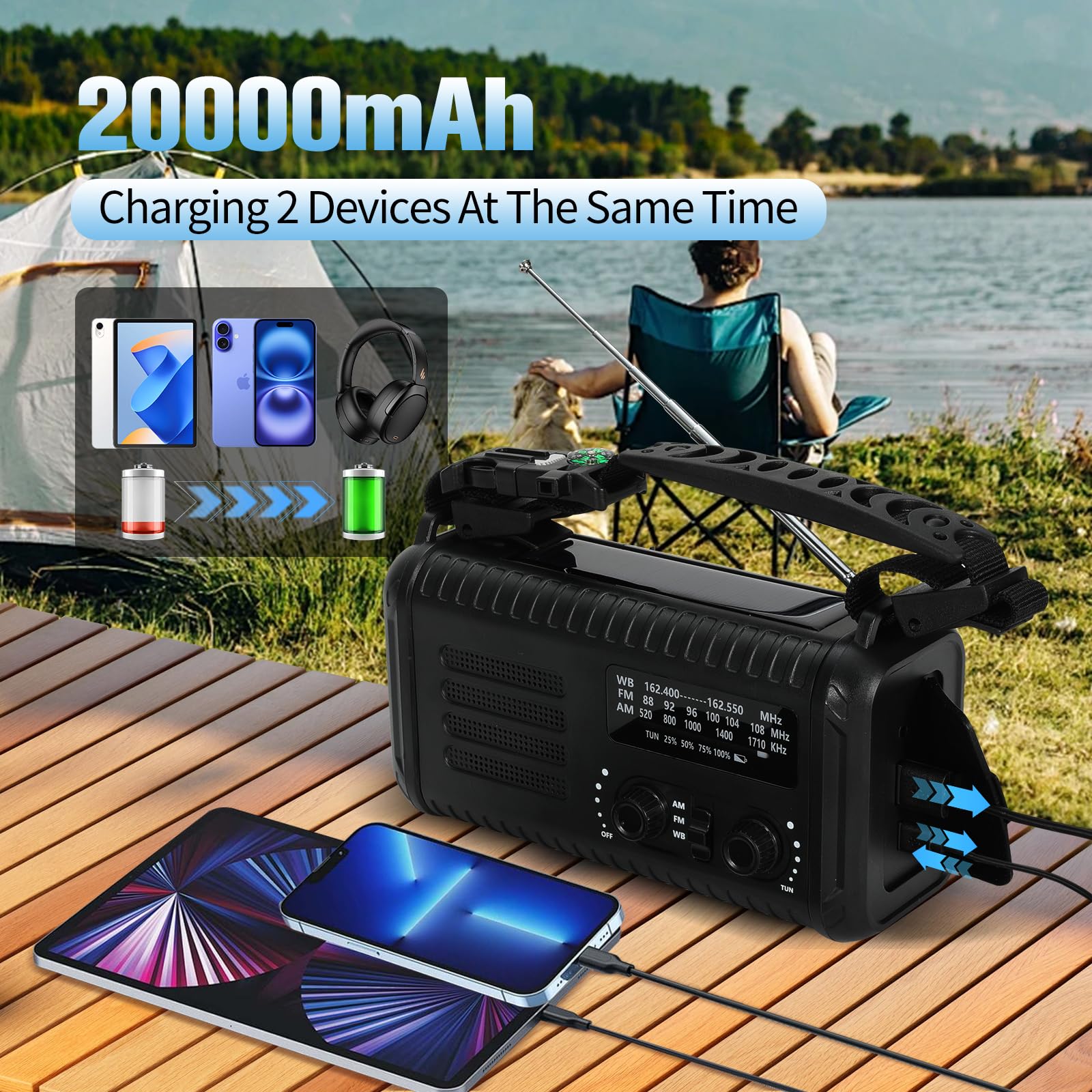 20000mAh / 74000mWh Emergency Crank Radio, NOAA/AM/FM Portable Weather Radio, Solar Hand Crank Radio, Battery Powered with USB Phone Charger, Flashlight Reading Lamp & SOS for Survival Camping (Black)