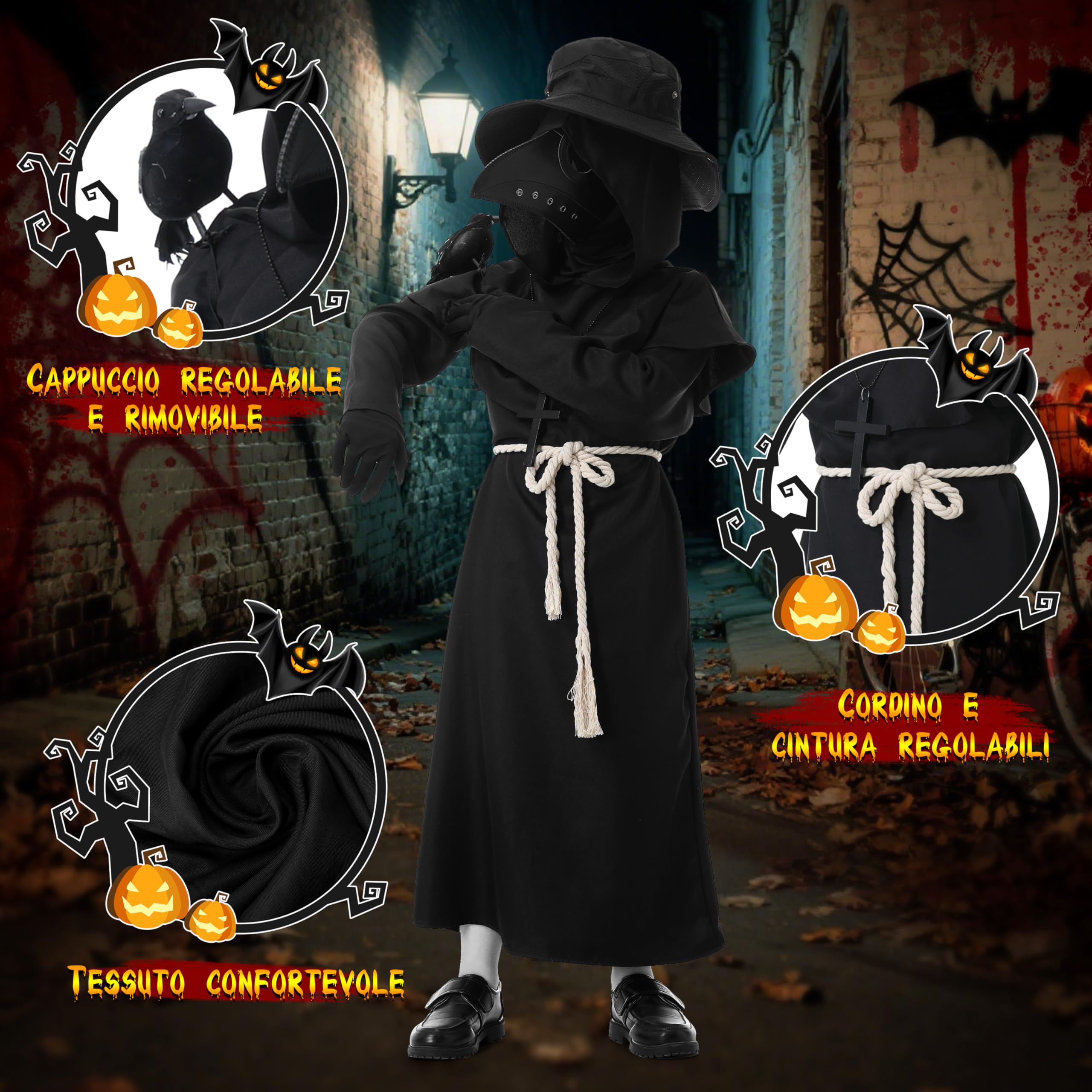 MOMOSTAR Medico Della Peste Costume per Bambini, Halloween Costume Pestdottore con Maschera del Medico Della Peste, Medievale Plague Doctor Costume per Halloween Carnevali Cosplay