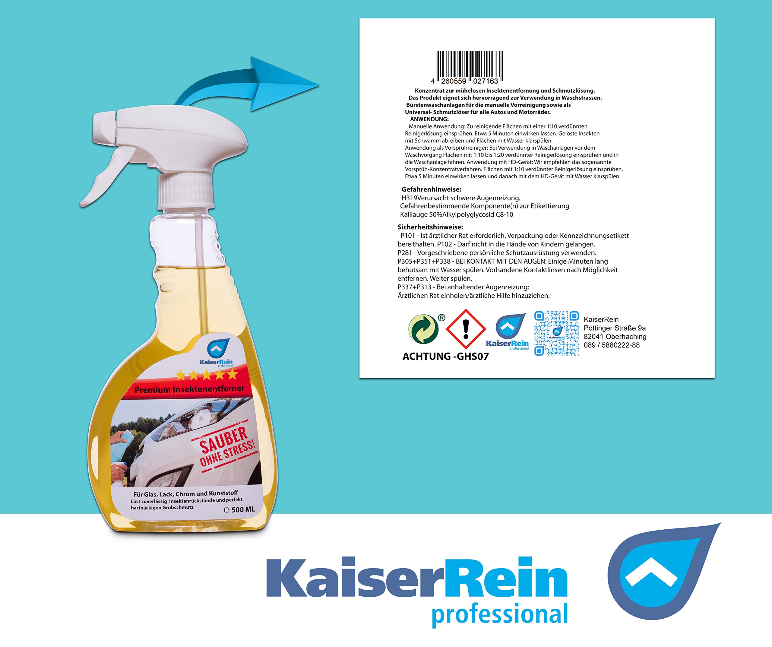 KaiserRein Insektenlöser 5 L Kanister mit 500ml Flasche und Hahn Auto, Konzentrat, Glas, Lack, PKW, Gel, Motorrad Insektenentferner Lack