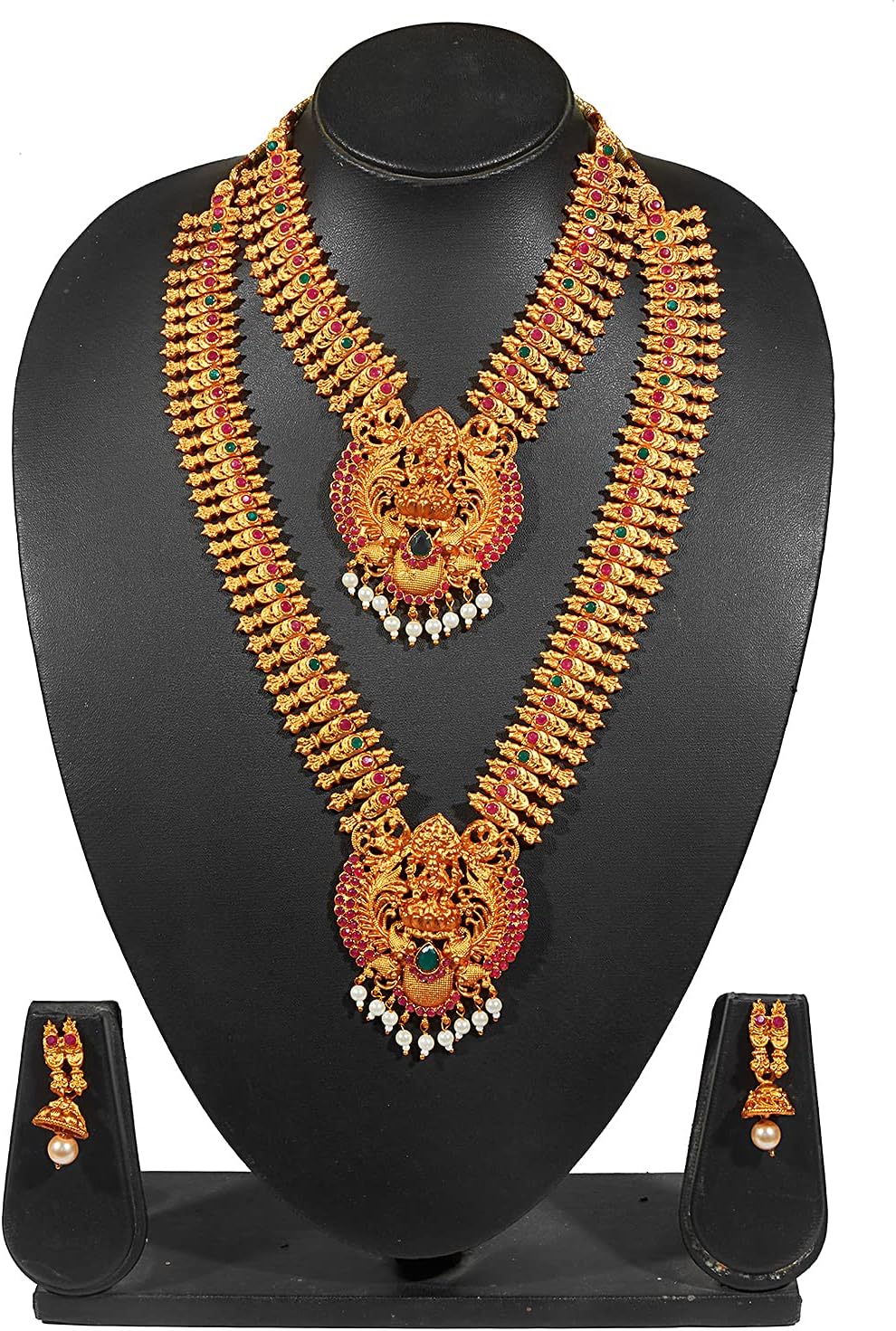 Shining Jewel - By Shivansh Bodha Traditional Indian Antique Gold Plated Temple Jewelry Bridal Combo Set with Long Mala, Short Necklace, Pearls & Jhumka Earrings for Women (SJ_2944)