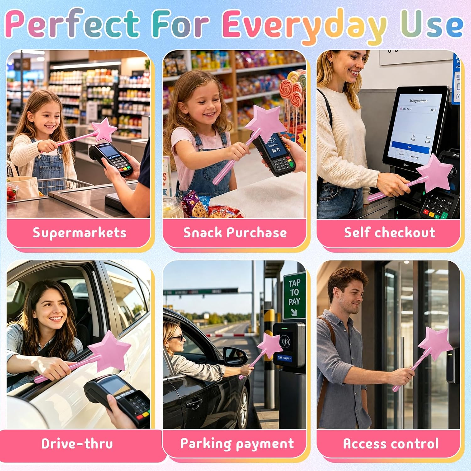 Perivy Credit Card Wand Holder, 3D Printed Fairy Wand Credit Card Holder with Hidden Card Storage, Tap to Pay for Contactless Payment, Drive Thru Checkout, Parking, Cosplay and Gifts(Pink Star)