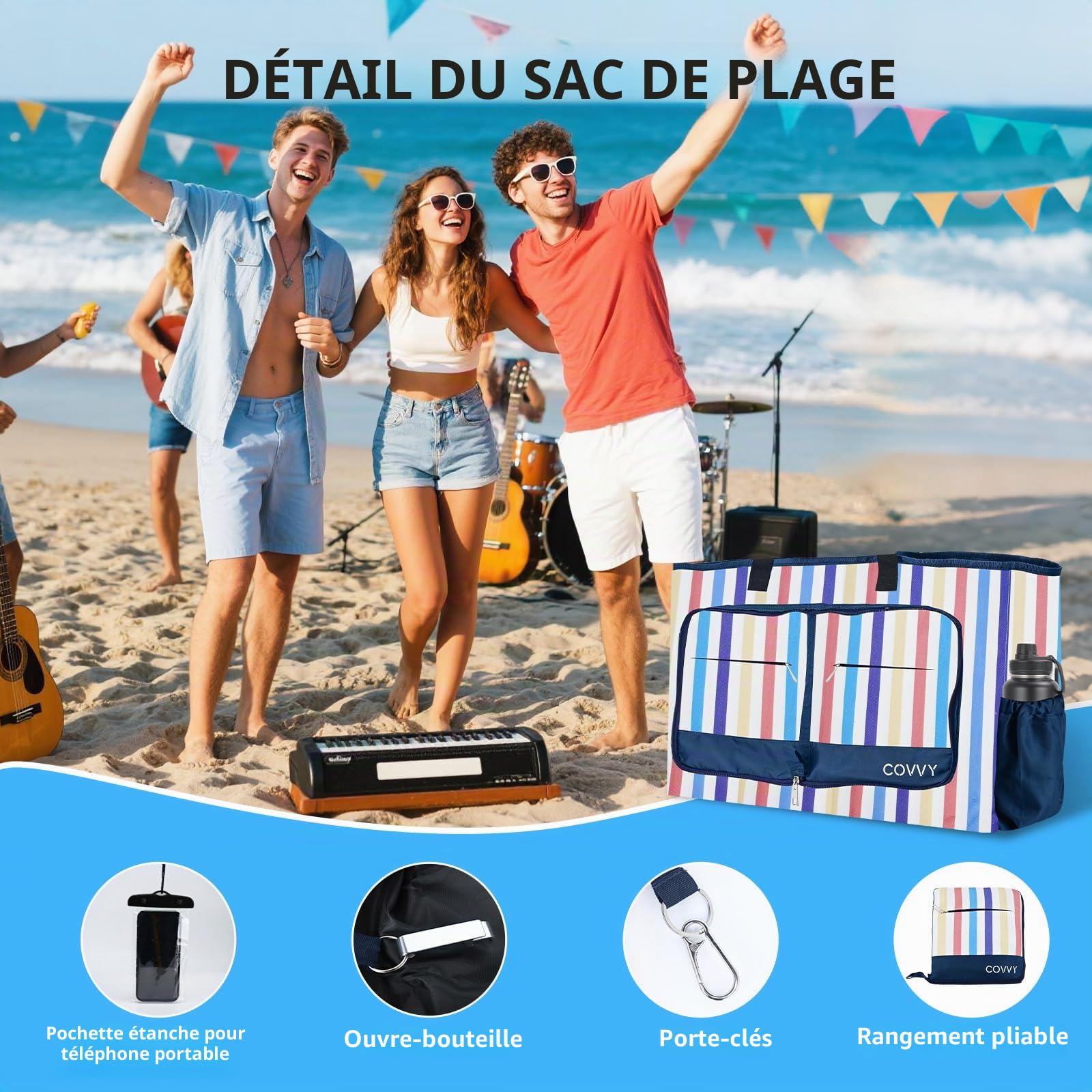 Sac de plage, sac fourre-tout extra large pour femme avec fermeture éclair, étui étanche pour téléphone, décapsuleur, plusieurs poches, résistant à l'eau et au sable, sac à bandoulière pliable