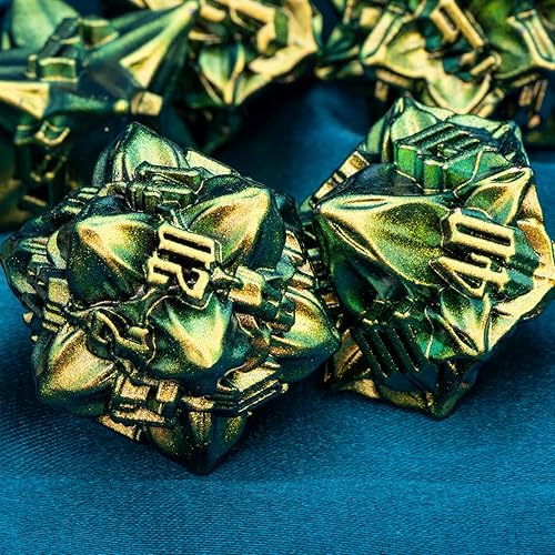 Miniatura 63 de ARUOHHA DND - Juego de dados de metal con diseño de números de hoja negra, dorados, dados poliédricos con caja, 7 dados D y D, juegos de rol D20