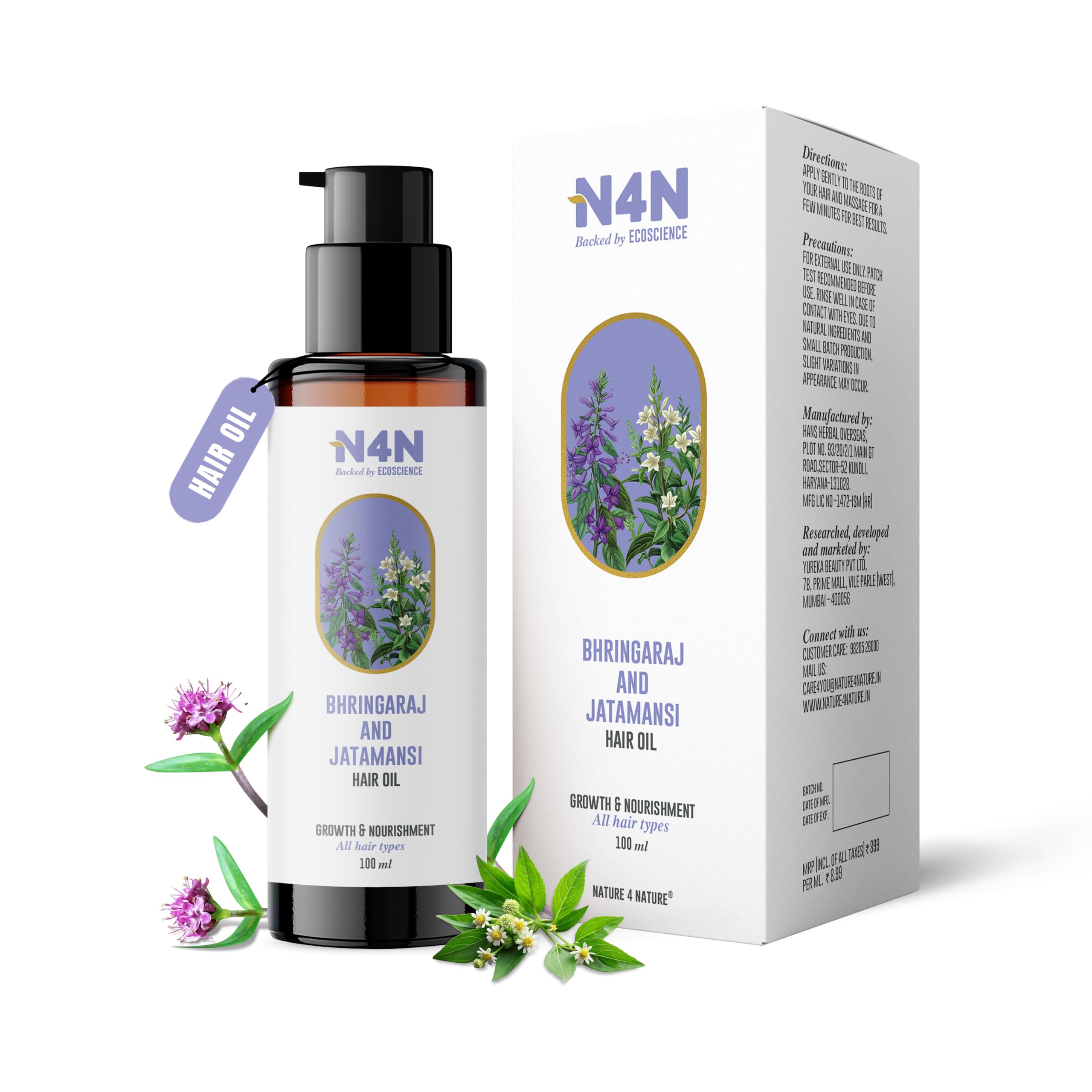 N4N Hair Oil for Growth & Fall Control, Hair Growth Oil for Women with Bhringraj & Jatamansi, Dermatologically Tested, Paraben & Silicone-Free, Suitable For All Hair Types – 100 ml