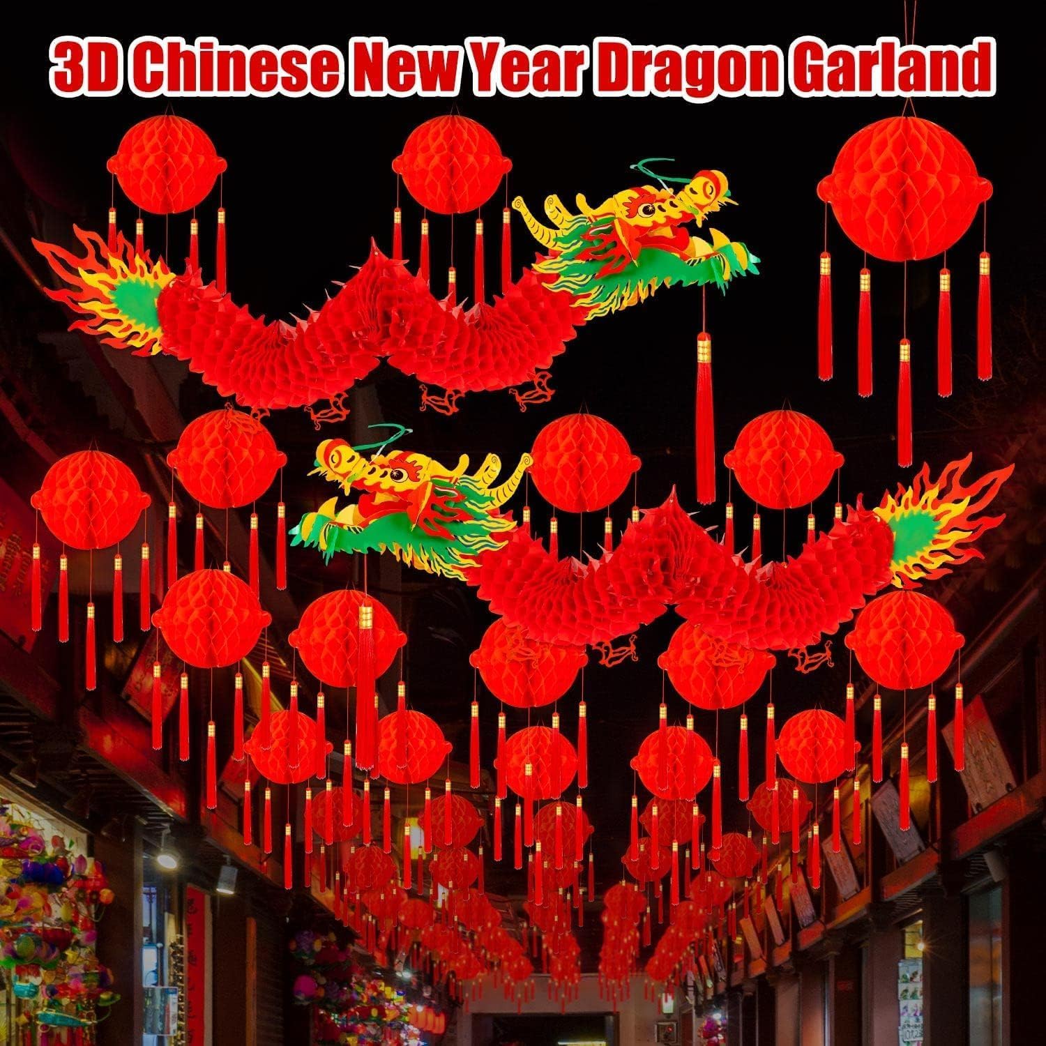 2Peces - Carta cinese 3D per Capodanno Dragon Garland con decorazioni rosse per la festa delle lanterne di primavera cinese e la festa di nozze
