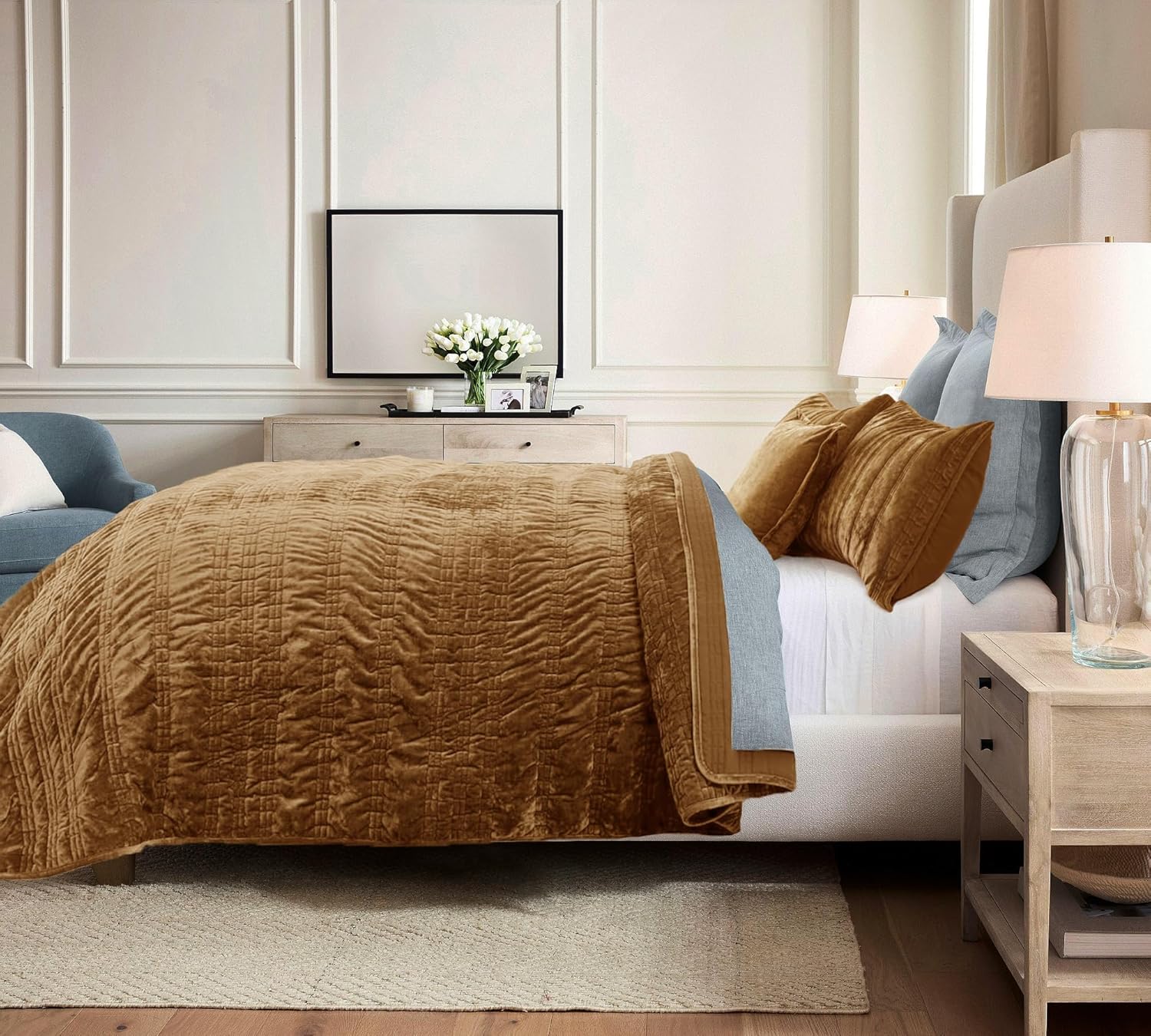 3 Pieces Luxurious Velvet California King Quilts Set 106x118 Ruched Bedspread Coverlet Quilted Bedding Set with 2 Pillow Shams 20x36 Ultra Soft Comforter for All Season, Caramel - Image 7