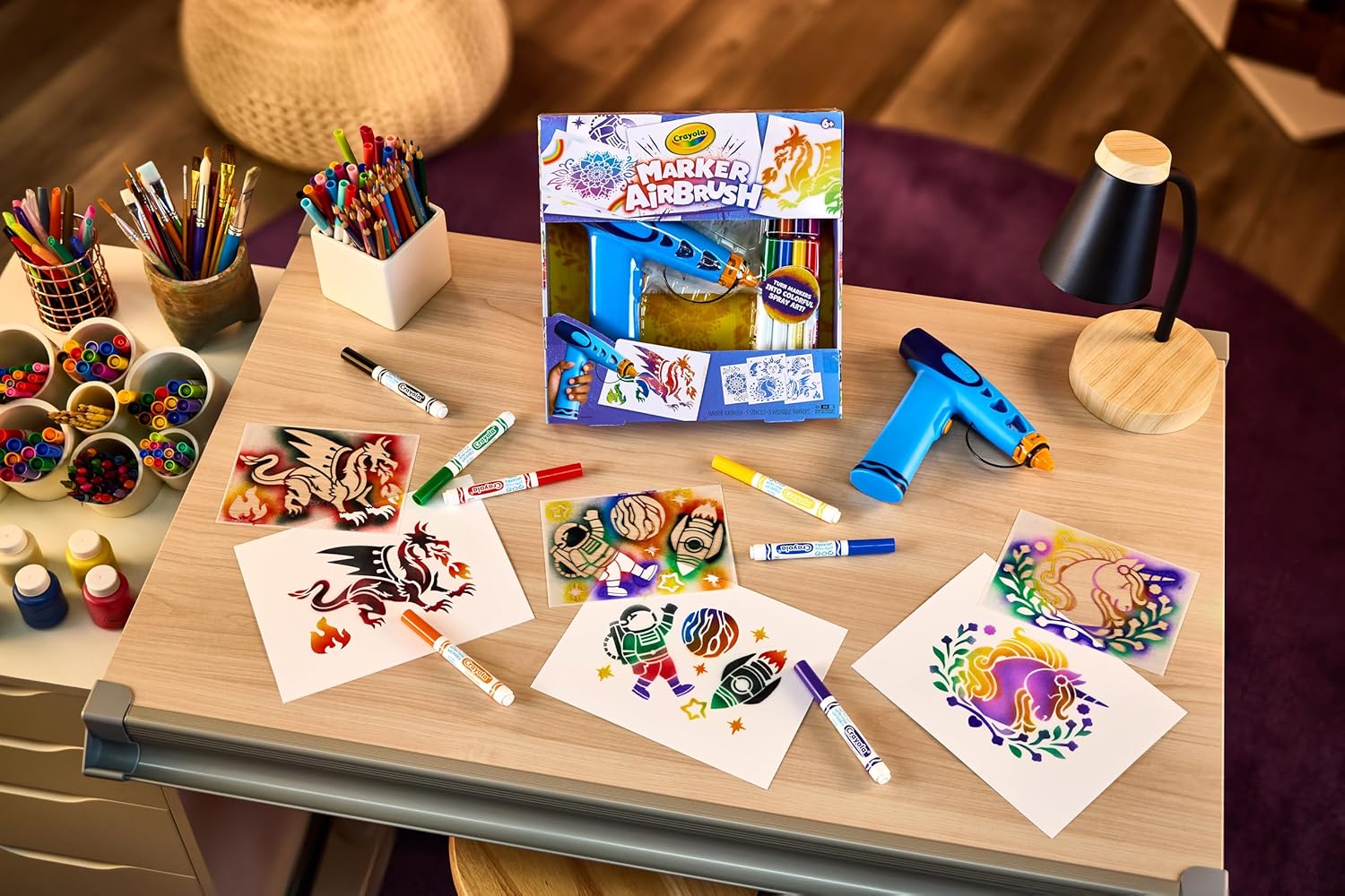 CRAYOLA Marker Airbrush | Turn Markers into Colourful Spray Art! | Includes 8 Washable Markers & Stencils for Kids Ages 6+