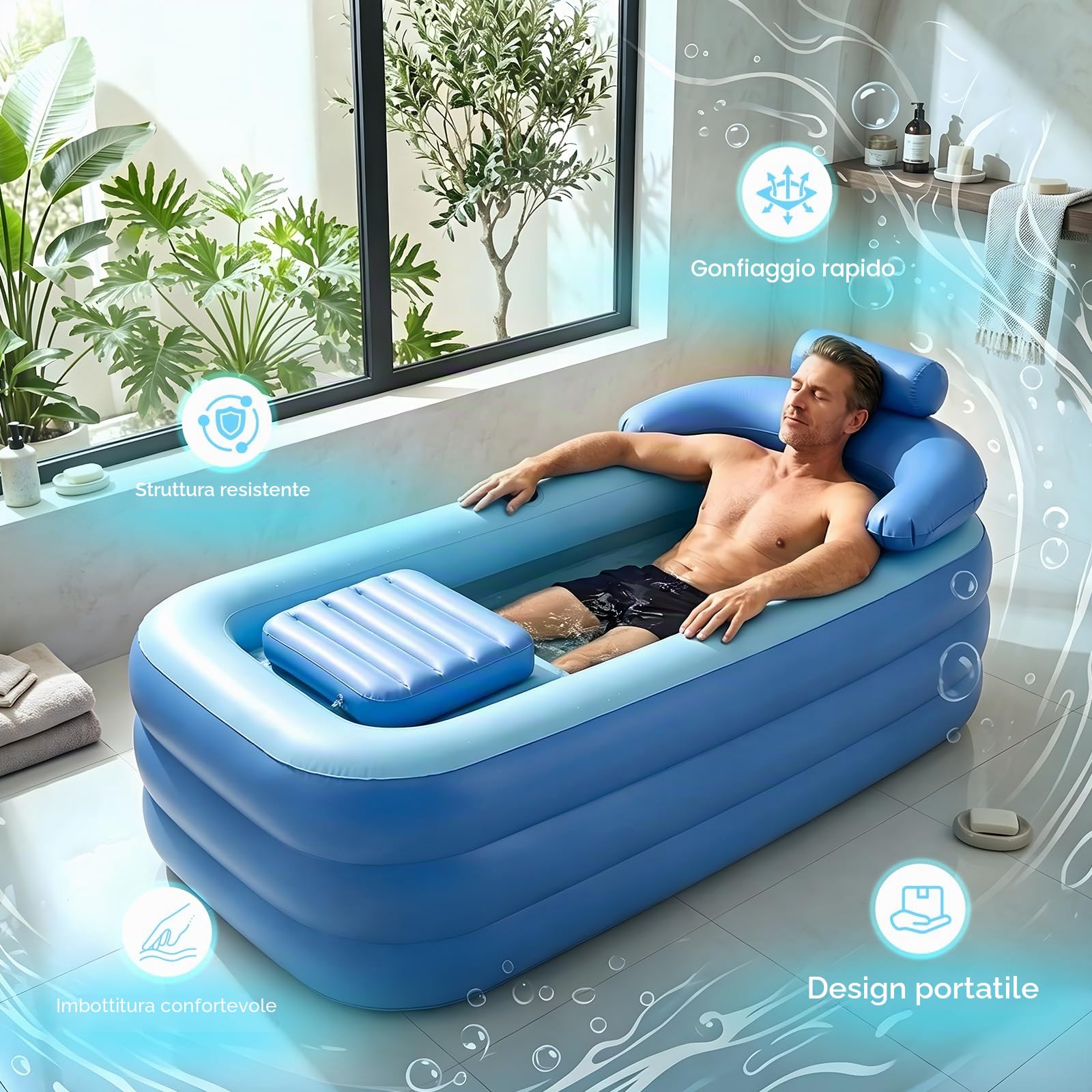 Vasca Bagno Gonfiabile, XL 160x84x74Cm Vasca Bagno Portatile Pieghevole asca Bagno Mobile Pieghevole Per Adulti Con Cuscino Supporto Per Schiena Include Portabevande Per Spa Ghiaccio Campeggio