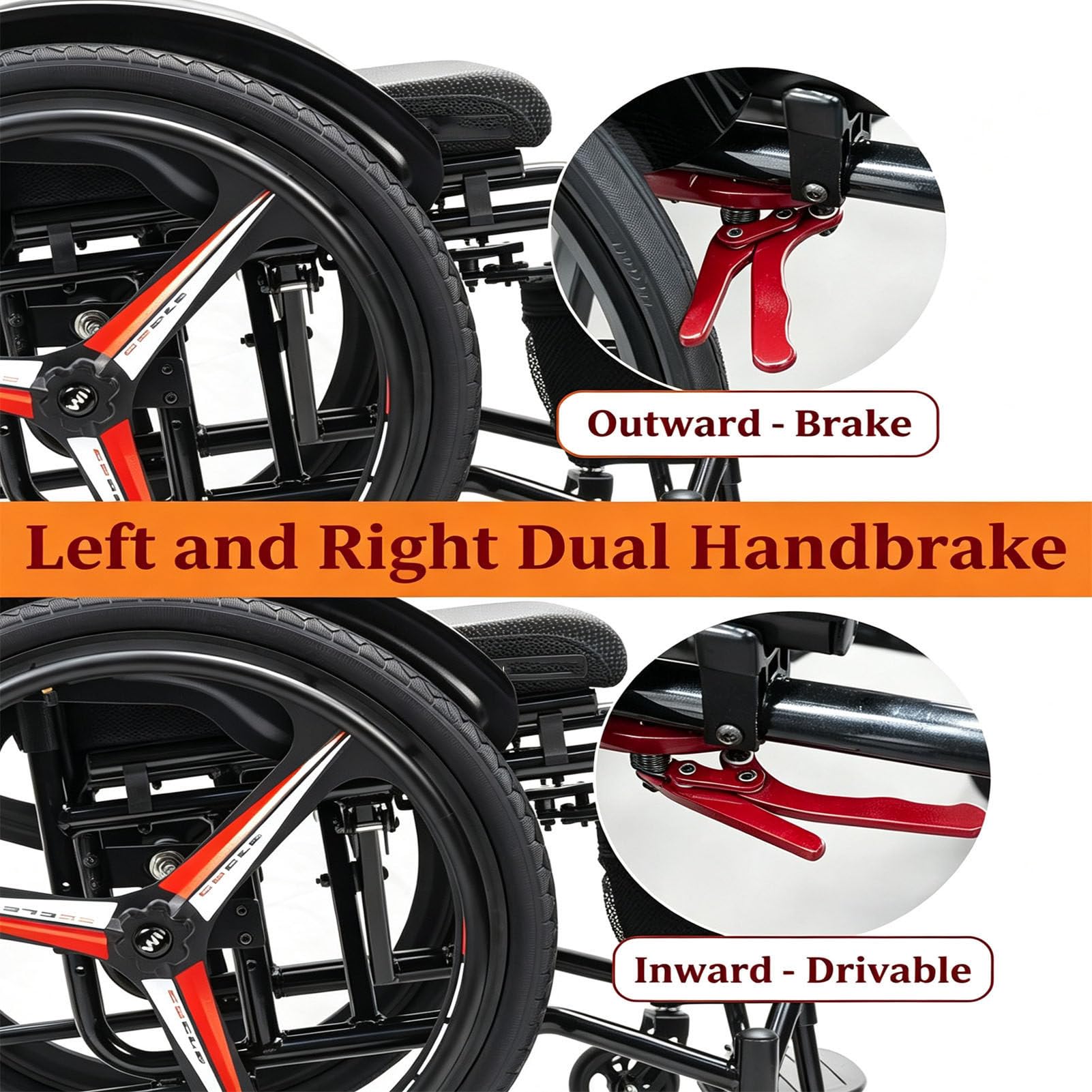 Silla de Ruedas Manual Ligera para Transporte 38cmSeat | Capacidad de 220 libras (100 kg), ruedas traseras de 24 pulgadas, altura de asiento y reposapiés ajustable, 59 x 83 x 70 cm.
