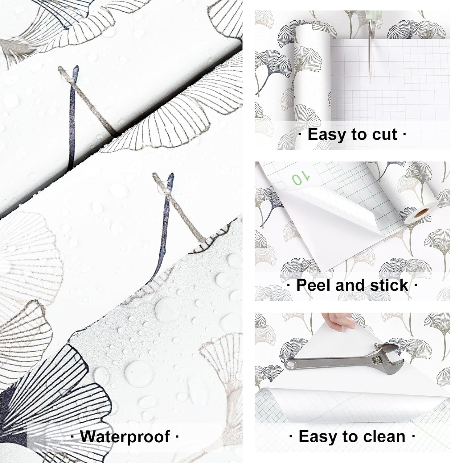 Ginkgo Leaf Wallpaper Peel and Stick White and Grey Floral Contact Paper Modern Gingko Peel and Stick Wallpaper Leaves Removable Garden Boho Leaf Wall Paper for Bedroom Living Room 17.5"x118"