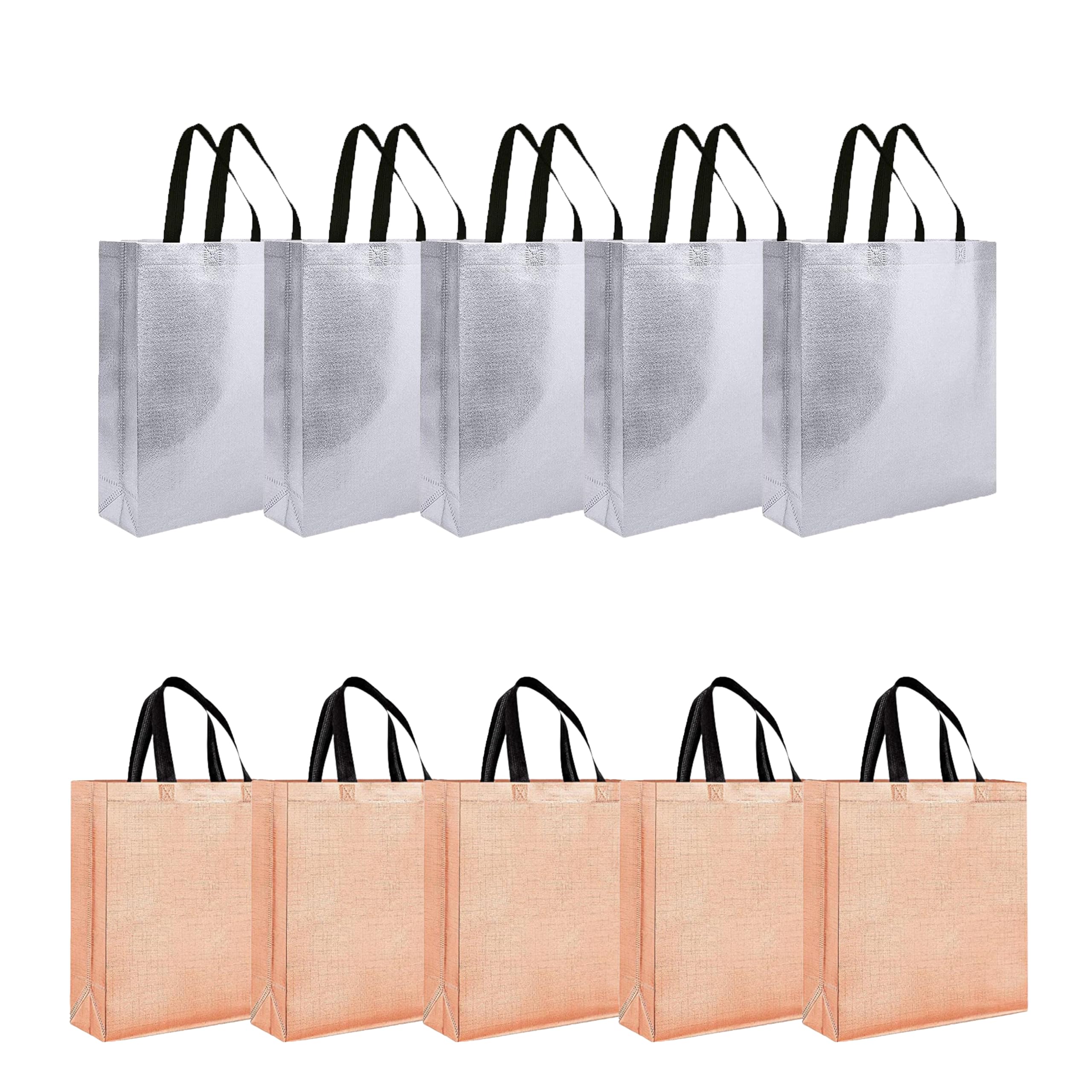 Evafly Gift Bag Medium Size Pack of 10 : L13 x W12 x D4 inch|Resuable Non-Woven Shiny Metallic Laminated|Return Gift For Haldi/Wedding Favours/Baby Shower/Birthday - Silver + Rosegold