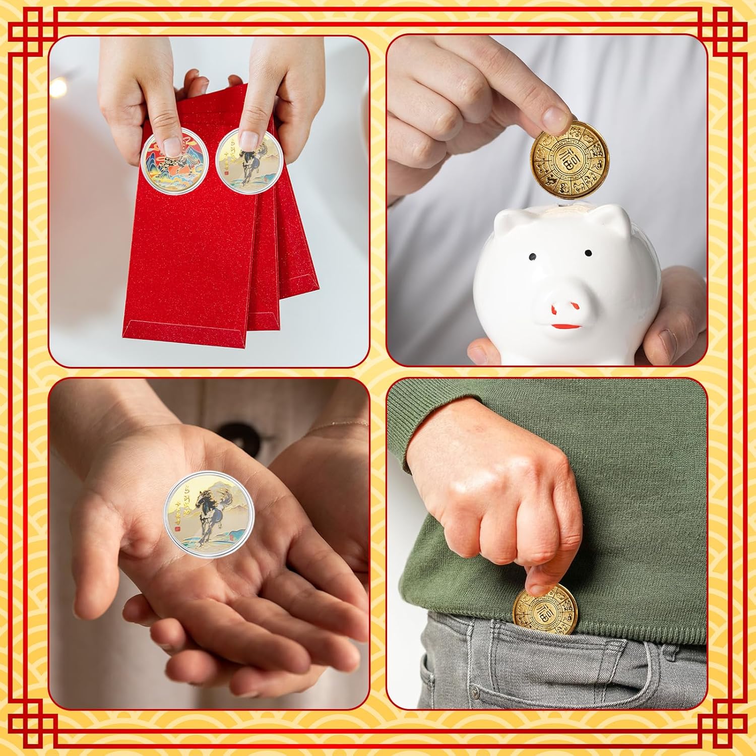 8Pcs Lucky Chinese Zodiac Coins Set - Chinese Horse Commemorative Gold Coins with Acrylic Case Lunar New Year of The Horse 2026 Decorations,Chinese New Year Gifts