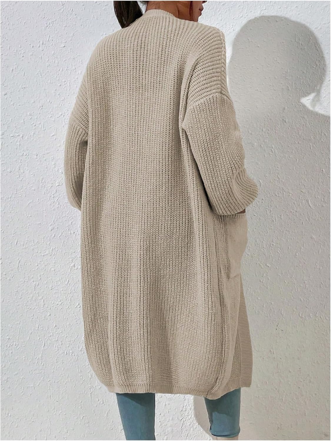 WDIRARA Women's Open Front Cardigan Sweaters Long Sleeve Knee Length Knit Outerwear with Pockets - Image 2