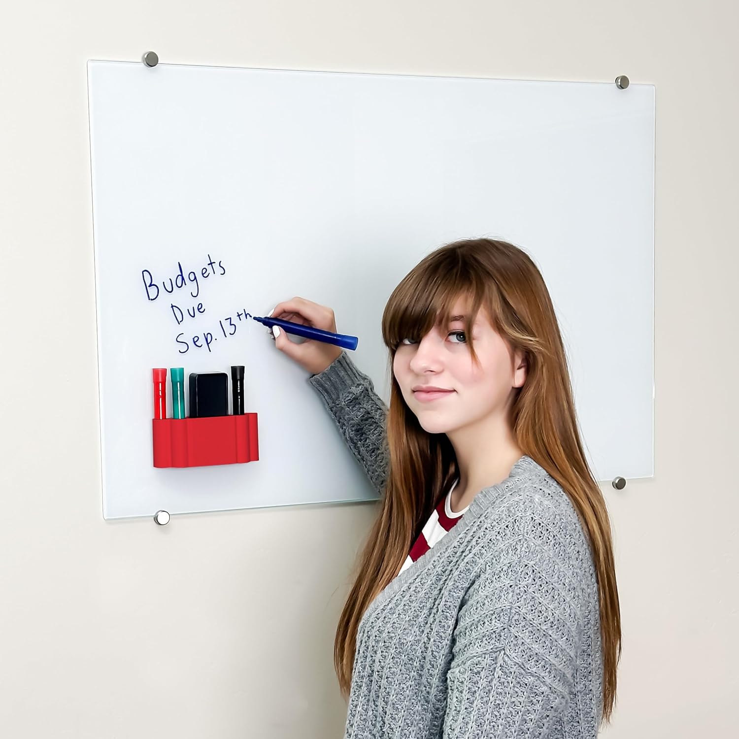 Glassboard Studio Magnetic Dry Erase Marker Holder - Super Strong for Magnetic Glass Whiteboard or Fridge - 2 Large Neodymium Magnets - No Slip Grip - Eco-Friendly PLA Plastic (Cherry Red, KIT)