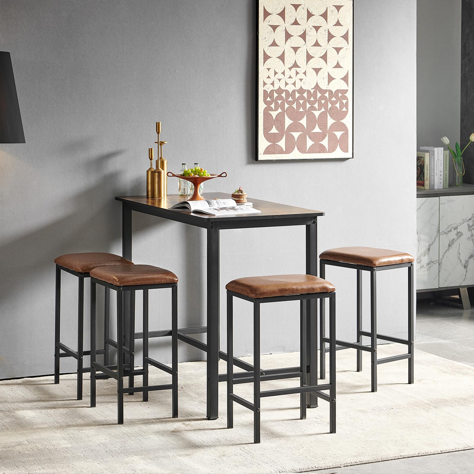 Lot de 5 chaises de Salle à Manger, Table et Chaise Cuisine, Cadre en métal, Marron