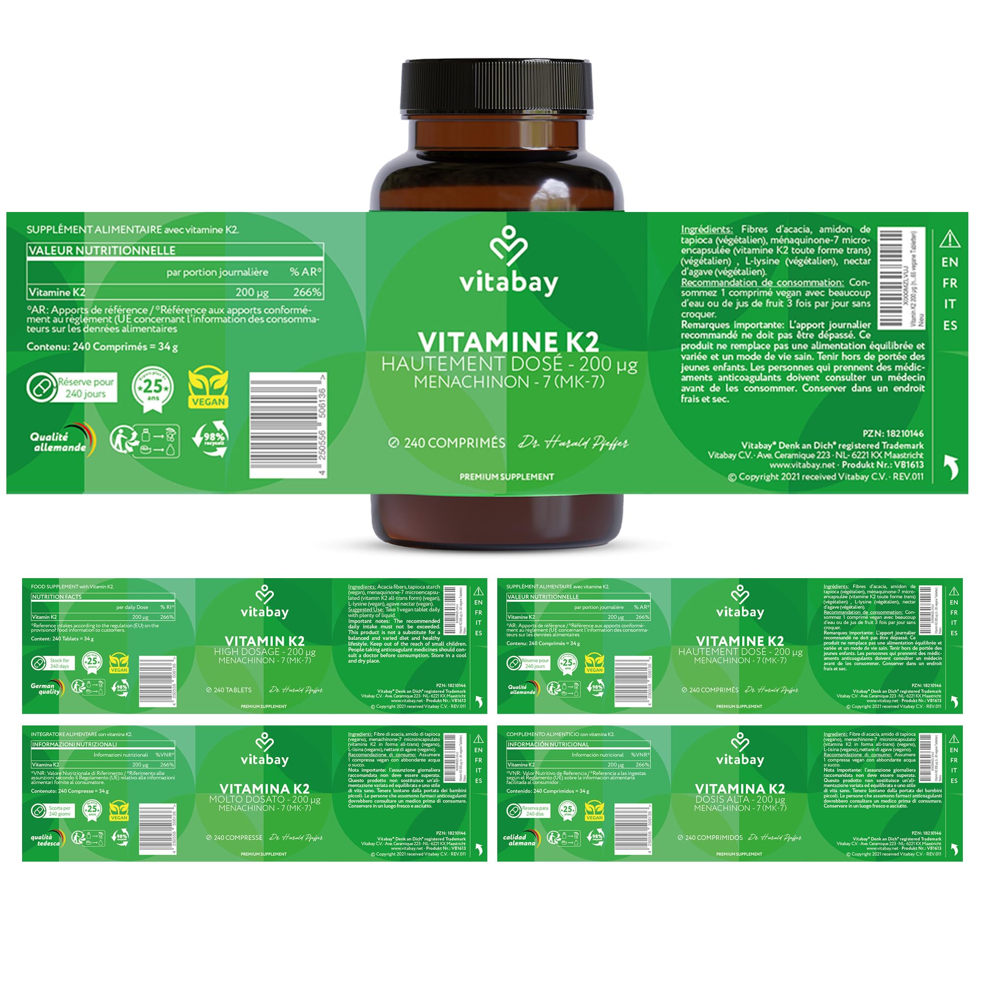 Vitabay Vitamine K2 MK-7 200 µg – 240 comprimés végans – Os & Coagulation – Haute dose MK7 All-Trans Microencapsulé – Testé en laboratoire en Allemagne – Réserve pour 8 mois