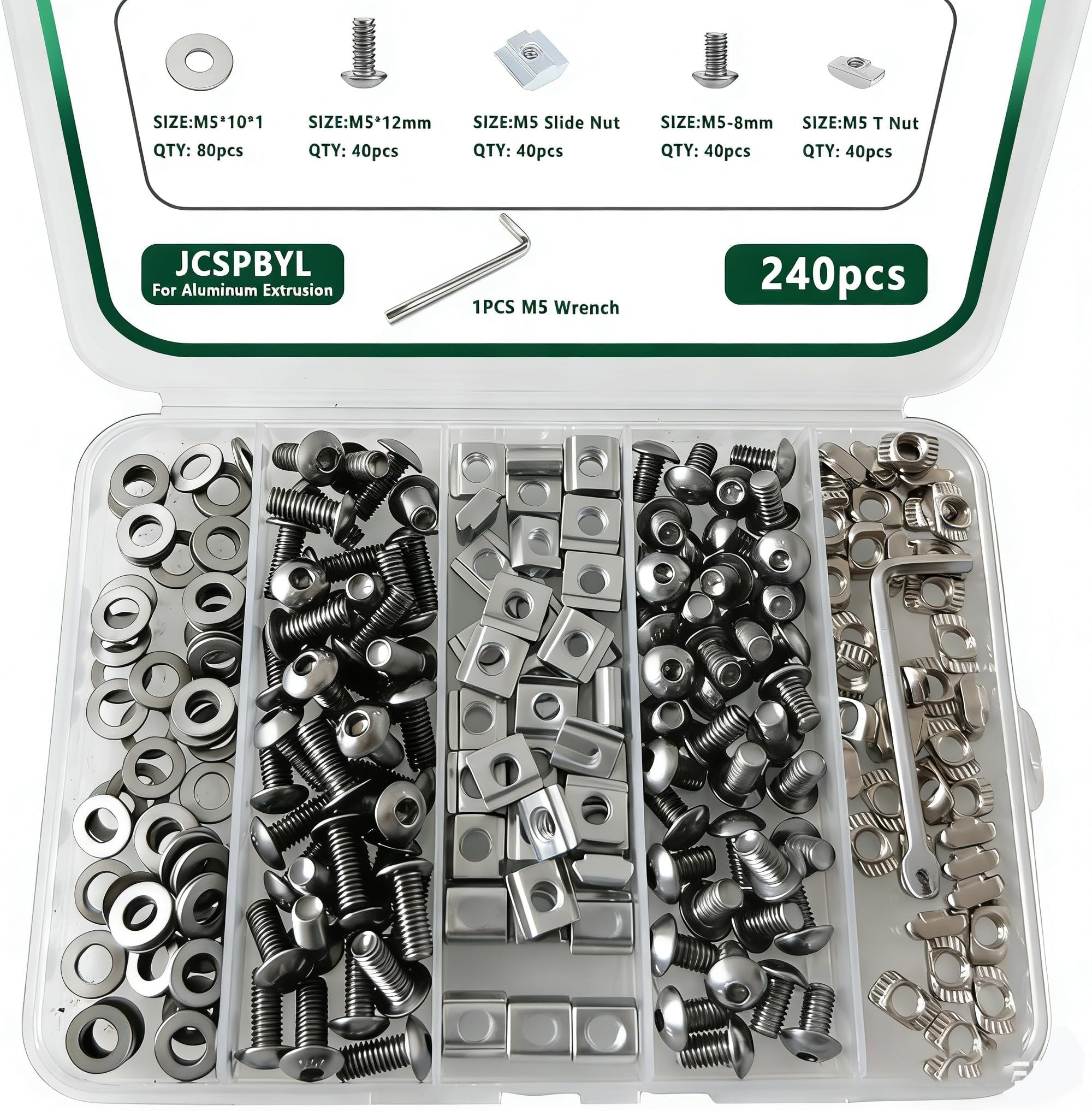 240pcs M5 T-Nuts Screws Kit for 2020 2040 8020 Series Aluminum Extrusion,40Pcs M5x8,40Pcs M5x12 Hexagon Socket Screws,40Pcs M5 T Sliding Nut,40Pcs M5 T Nut,80Pcs Washers