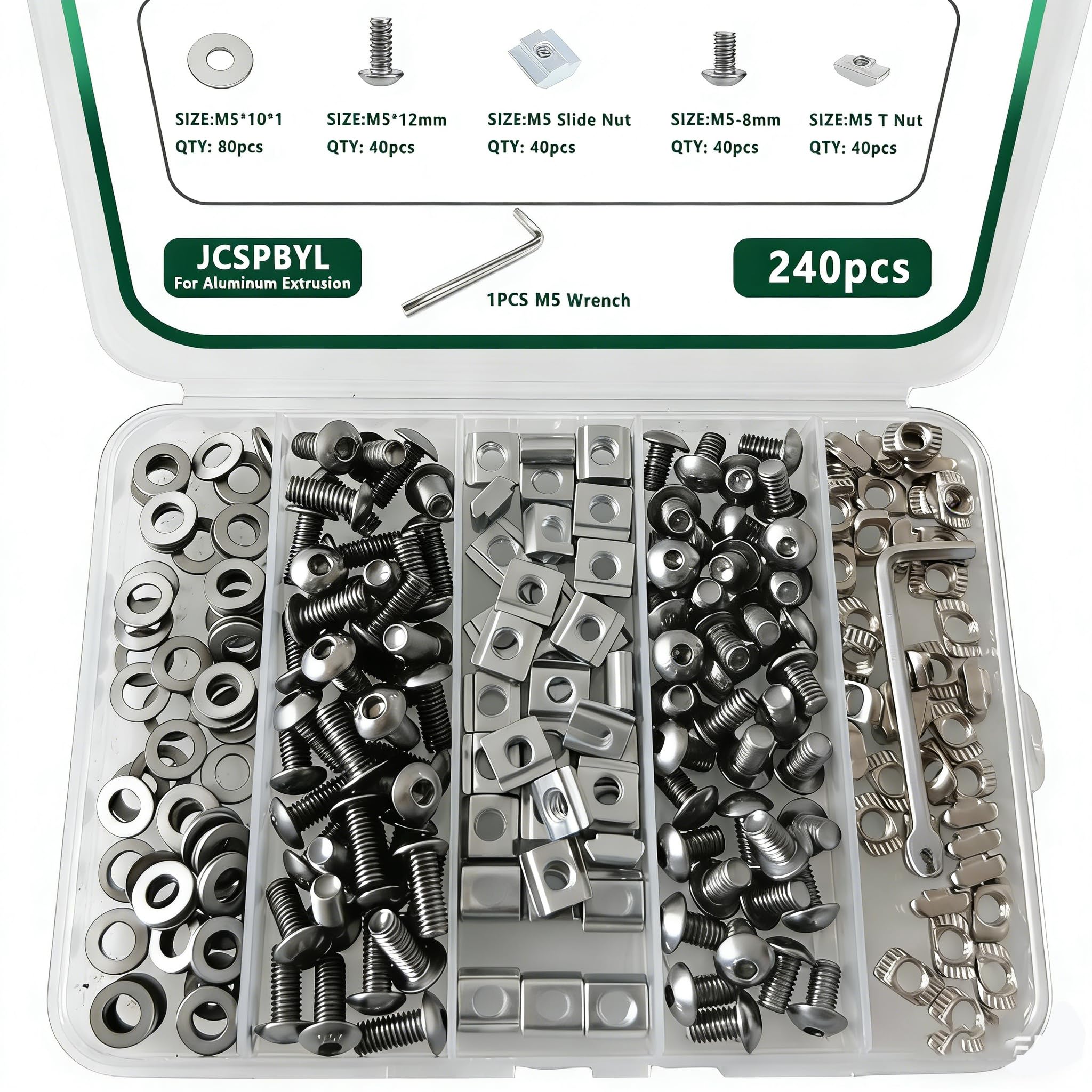 80 pcs M8 T Nut Screws Kit for 4040 4080 Aluminum Extrusion, 26 pcs Black M8x12/16/20mm Hexagon Socket Carbon Steel Screws and 26 pcs M8 Drop in T-Nuts, 28 Washers with Hex Wrench — Amazon image 11