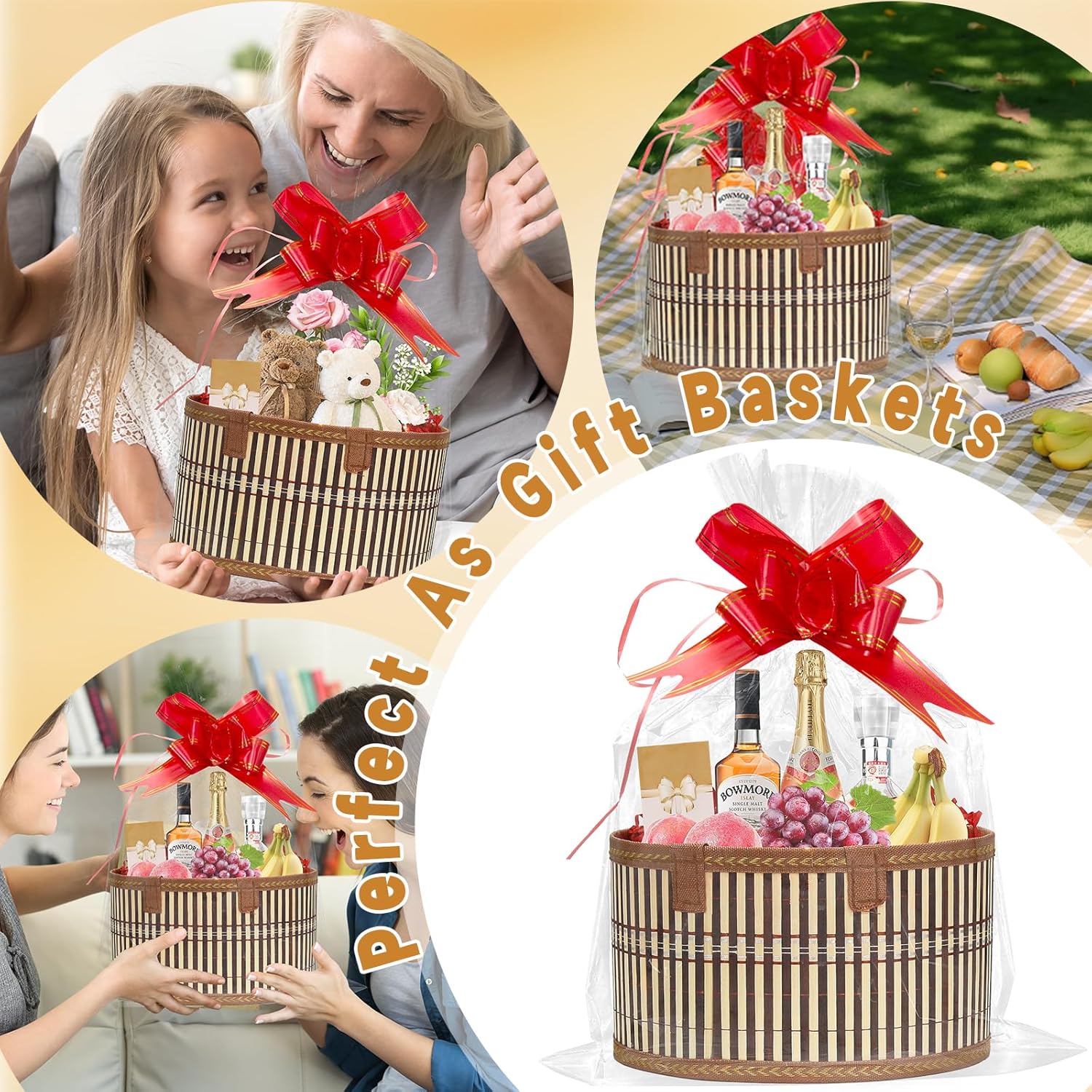 Baskets for Gifts Empty Set of 4, Bamboo Woven Gift Basket with Wrap Bags, Pull Bows, Raffia, Greeting Cards – Gift Basket Making Kit for Birthday, Shower, Housewarming