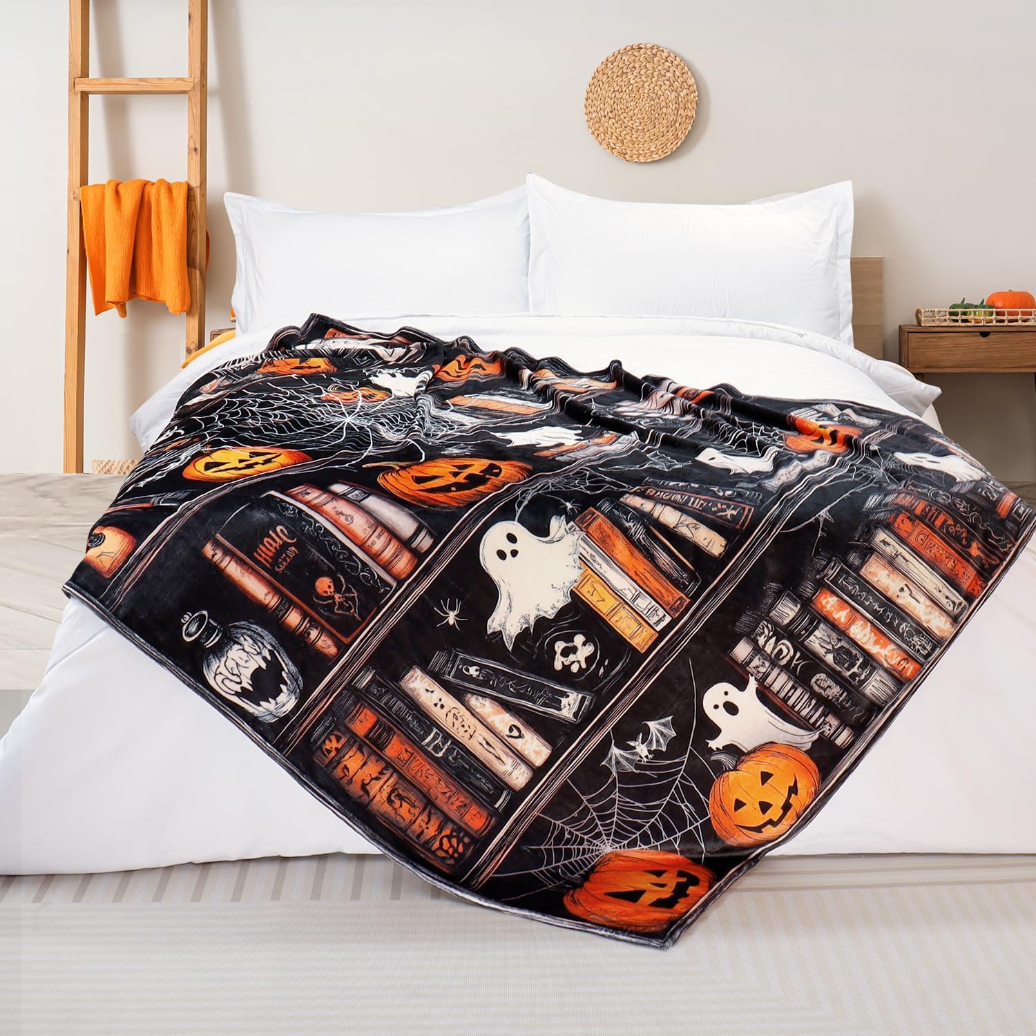 Halloween Blanket Gothic Ghost Bookshelf Throw Blanket for Book Lovers Pumpkin Spider Web Fleece Throw Blankets Super Soft Warm Cozy Flannel Blankets for Couch Sofa Bed 50" x 60"