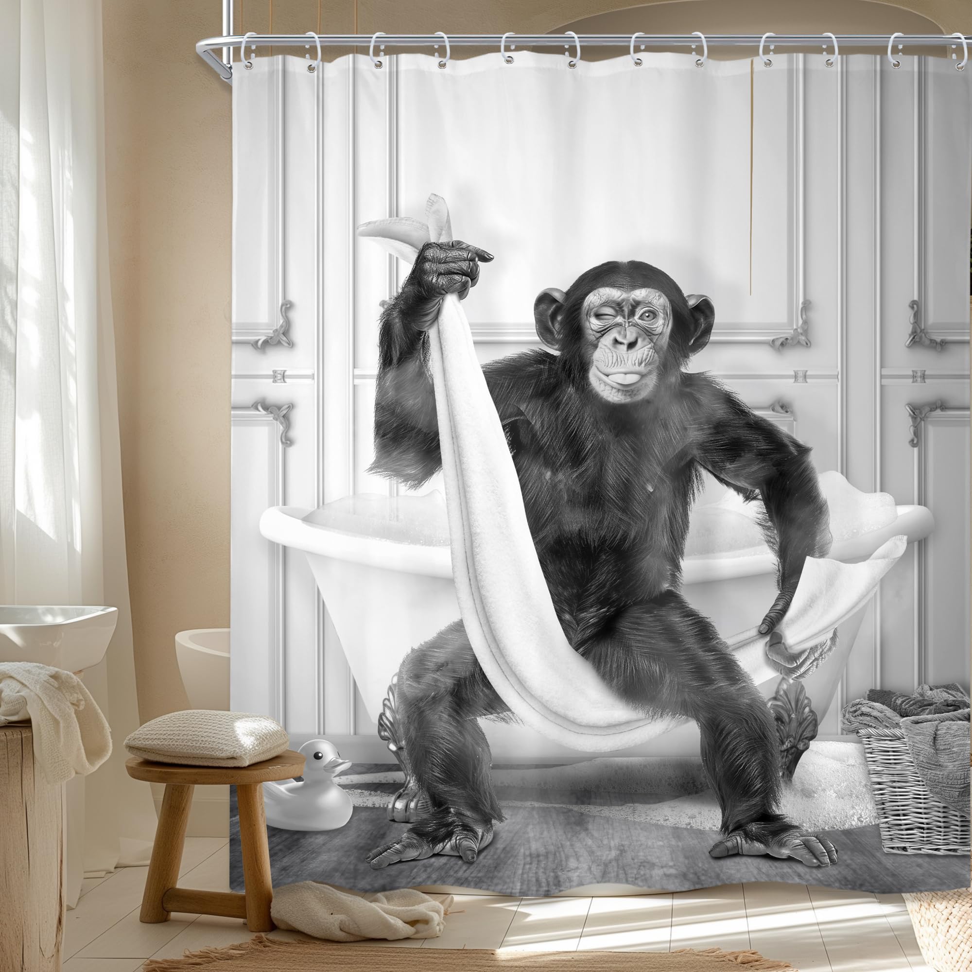 Newsely Funny Monkey Shower Curtain 60Wx72L Inch Chimpanzee Black White Animal Wildlife Boys Men Cute Modern Bathroom Set Hilarious Cool Farmhouse Waterproof Bath Decoration Accessories Home Decor