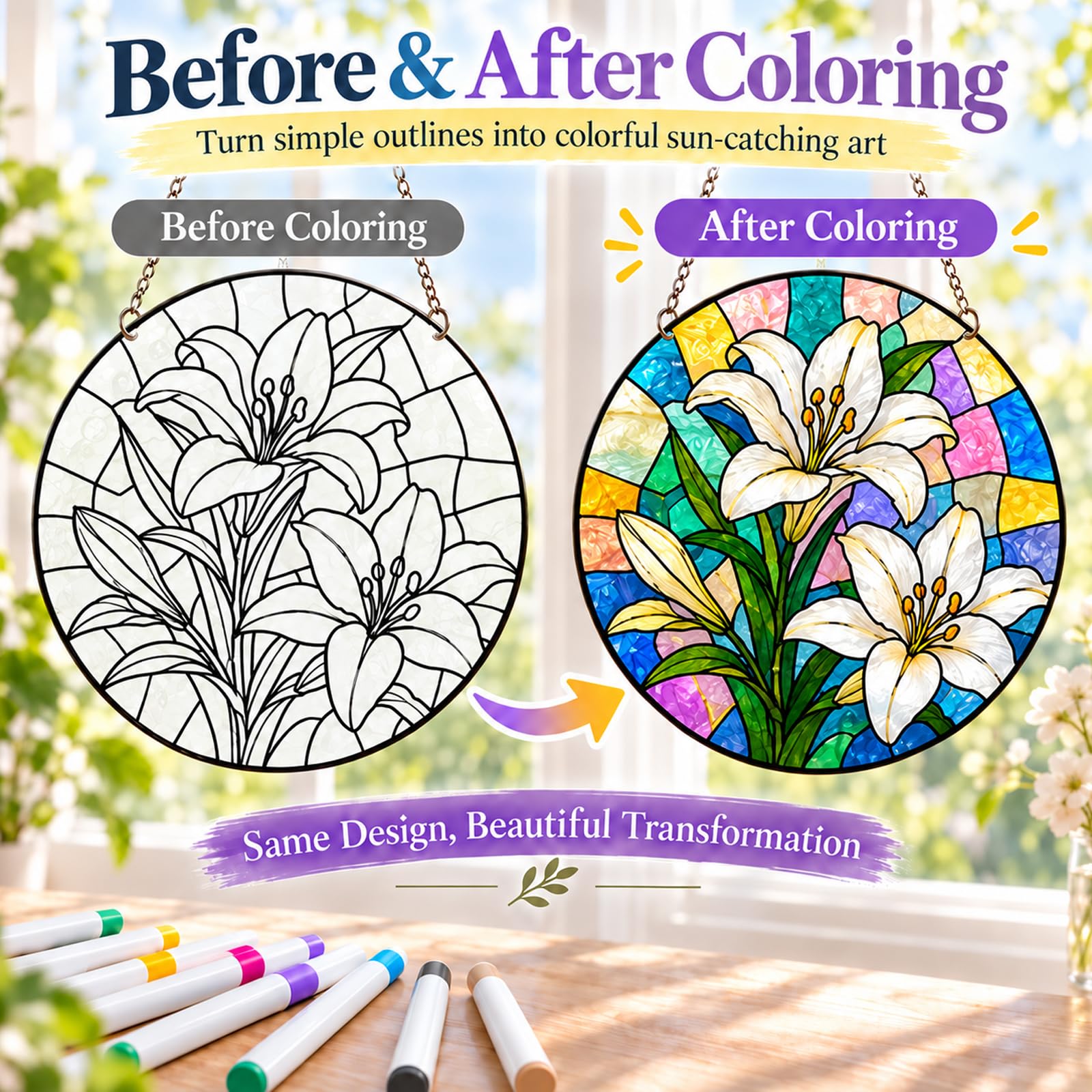 Kit di 12 fiori acchiappasole fai da te, pittura su vetro colorato