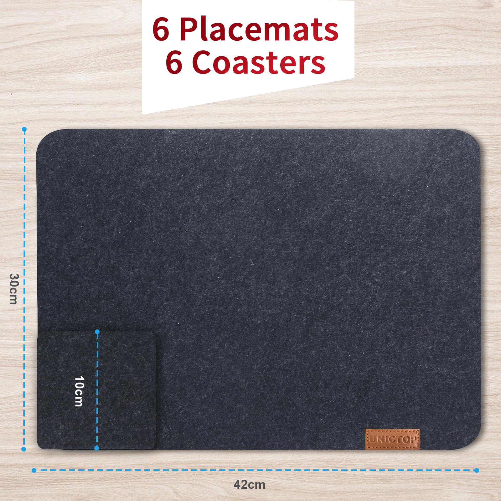 Unictop Felt Place Mats Washable Double-Sided 40 x 32 cm Place Mats Wipe Clean Place Mats Set of 12 6 Felt Coasters Place Mats + 6 Glass Coasters - Image 3