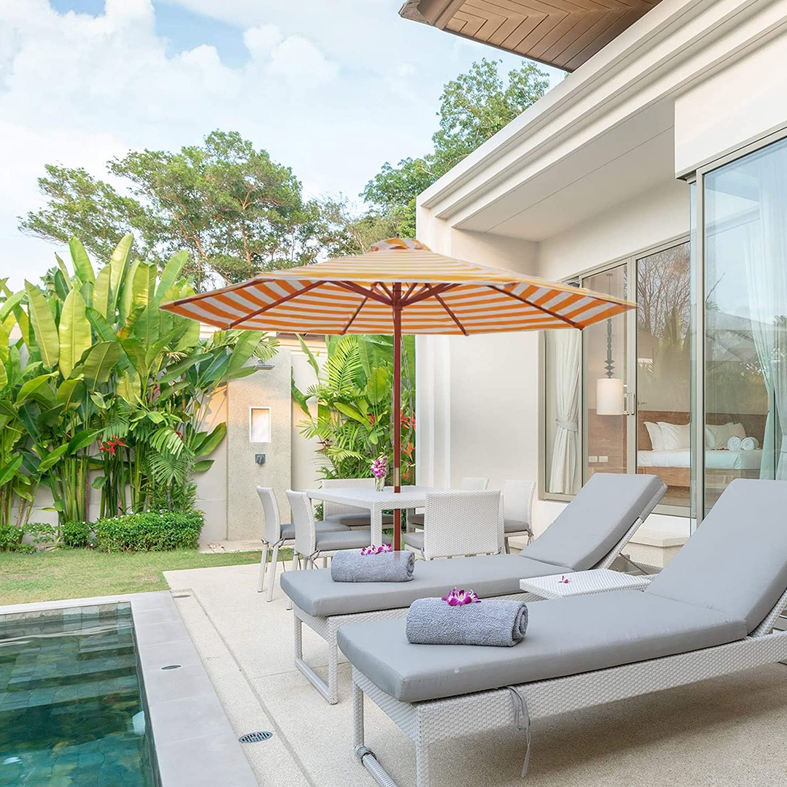 2.7m Zewnętrzny parasol patio, żółty biały pasek drewniany parasol ogrodowy z kołem kołowym, Market Table parasol z 8 solidnymi żebrami, do balkonu/plaży/basenu, Szerokość słupa ø 38 mm