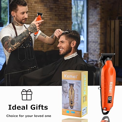 Miniatura 7 de KEMEI 2293 Zero Gapped Hair Trimmer for Men, Cordless T Blade Beard Trimmer with LED Display, Professional Barber Hair Clippers, Orange