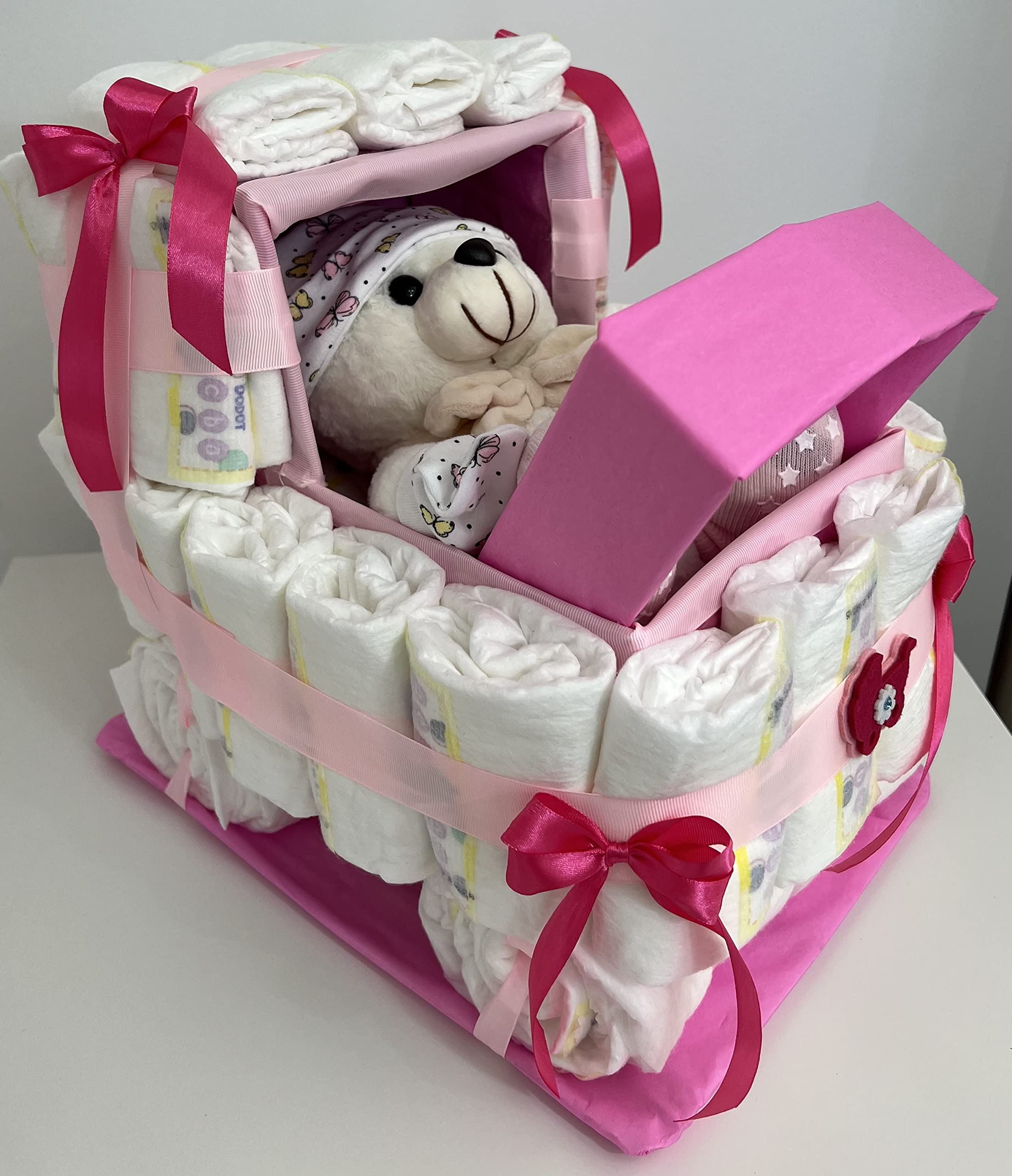 Tarta de Pañales Cochecito/Carrito,(48 und) con Osito. Regalo Original para recién nacidos (Rosa)