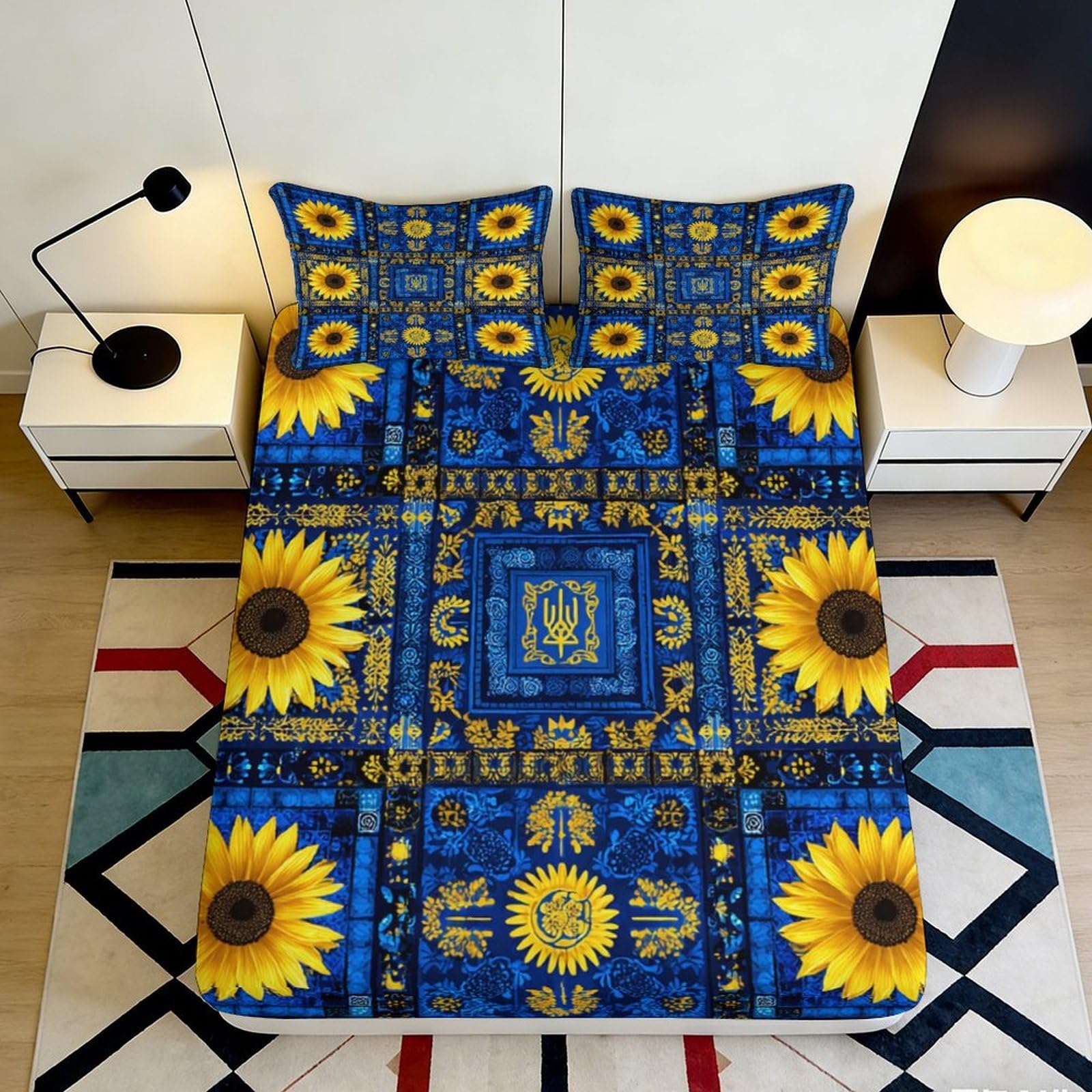 Pnayamiorkfel Style-5 3D Printed Sunflower Blue Mosaic Fitted Sheet Microfiber Bed Cover Non Slip Easy Care For Bedroom Guest Room 90X200x25cm