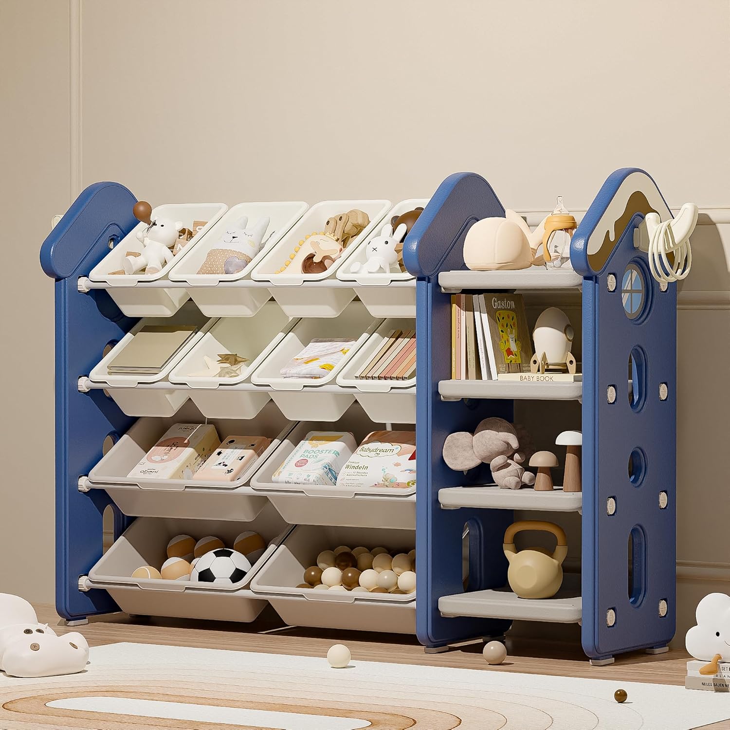 Pipleo Kids Toy Storage Organizer with 12 Removable Bins, Toy Organizers and Storage with 4-Tier Bookshelf for Kids Toy Storage Organizer (Blue)