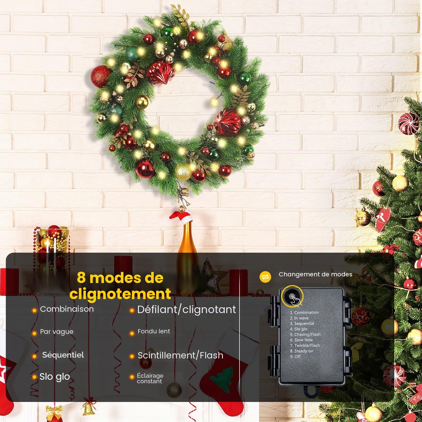 40cm Couronne De Noel Lumineuse, Couronne Porte Noel, 8 Modes Et Minuterie, Convient pour Portails, Cheminées, Porches, avec des Flocons De Neige Et des Pignons De Pin (Lumières LED Incluses)