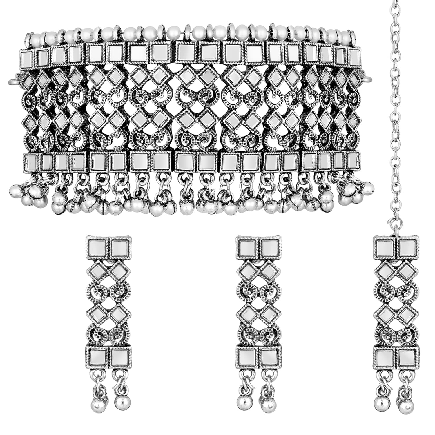 Peora Traditional Silver Plated Choker Necklace with Dangle Earring & Maang Tikka Ethnic Oxidised Jewellery Set Gift for Women & Girls (B0BS3X7TP3) Amazon Price History, Amazon Price Tracker