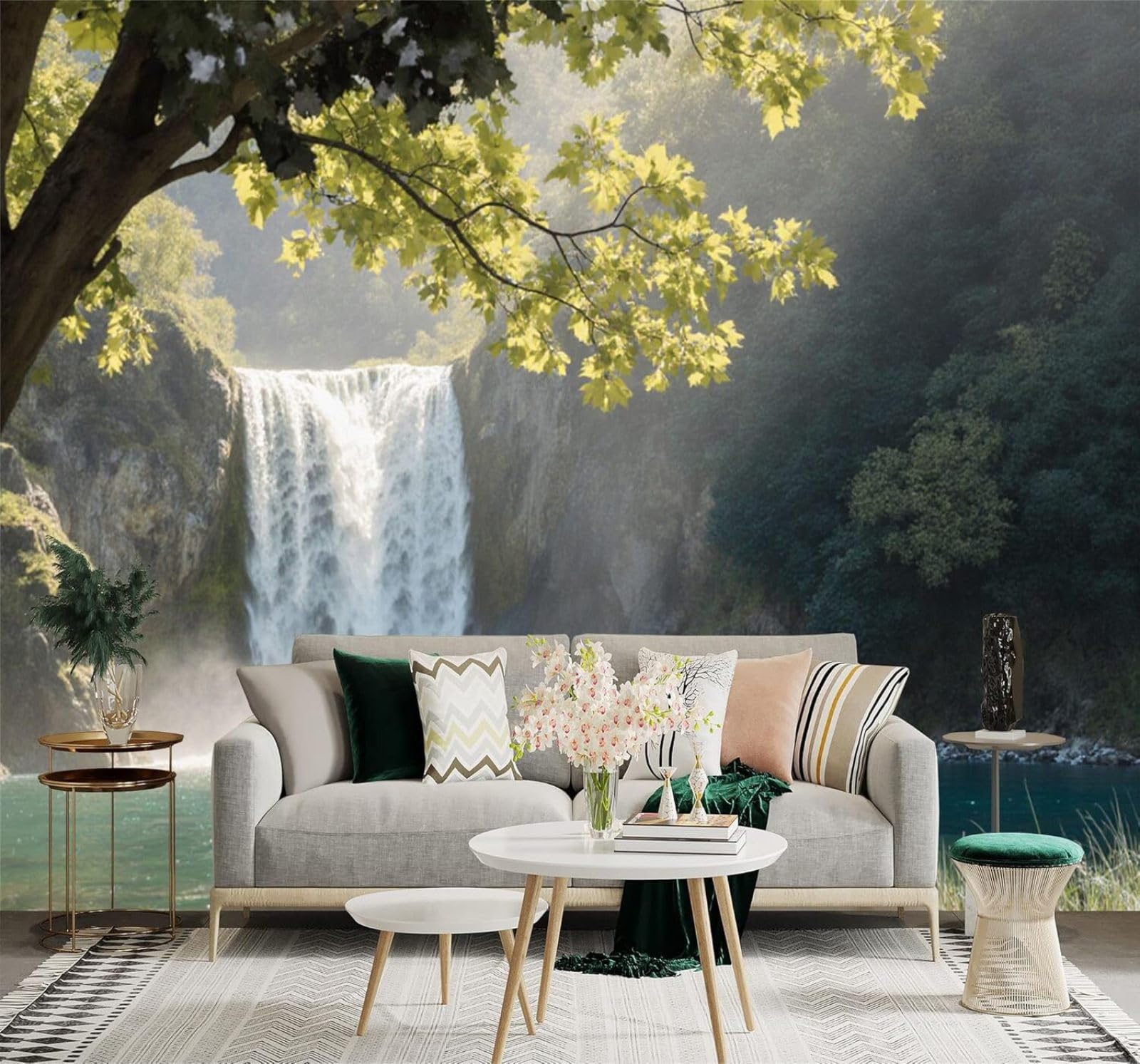 XLMING Serene Waterfall Green Forest Rocks Sunlight Reflection 3D Wallpaper Premium Textured Silk Study Dining Living Room Bedroom Sofa TV Wall Easy Install-250cm×170cm