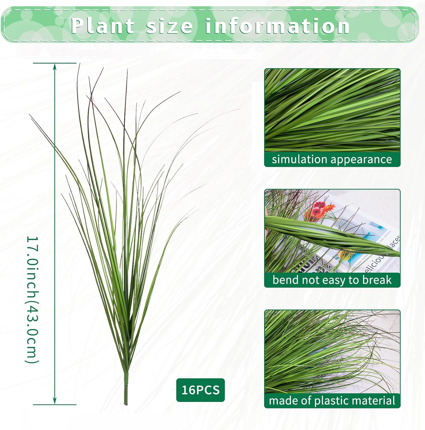 16 Bundles Artificial Grass Plants Outdoor Tall Faux Shrubs Greenery Stems Fake Onion Grasses Wheat Grass UV Resistant Faux Bushes Plant for Garden Indoor Office Home Decor(Red-Tipped Green) - Image 2