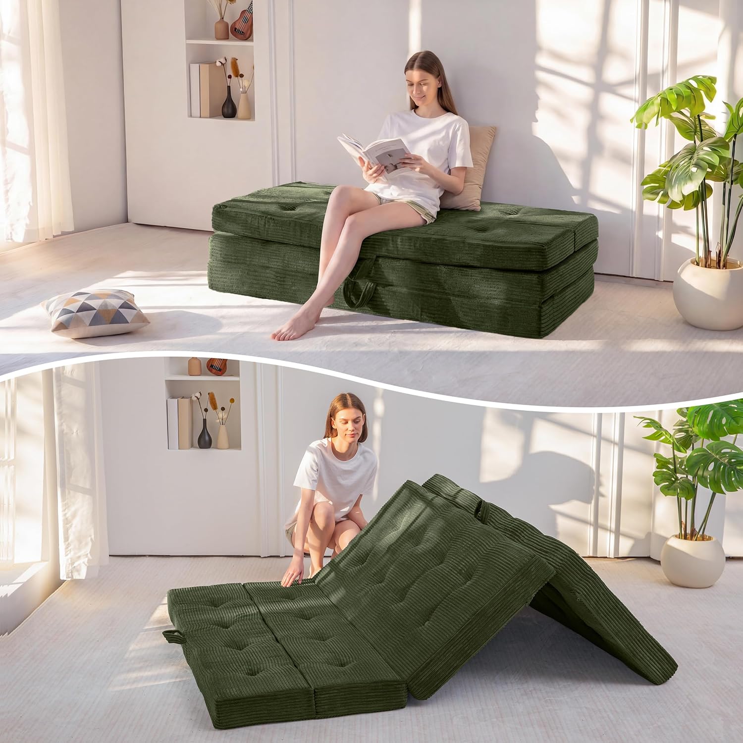 MAXYOYO Foldable Sofa Couch Bed, 4 Inch Tufted Folding Mattress, Portable Floor Couch with Handles Guest Bed Topper Portable Camping Mat with Corded Fabric, Full Size, Dark Green