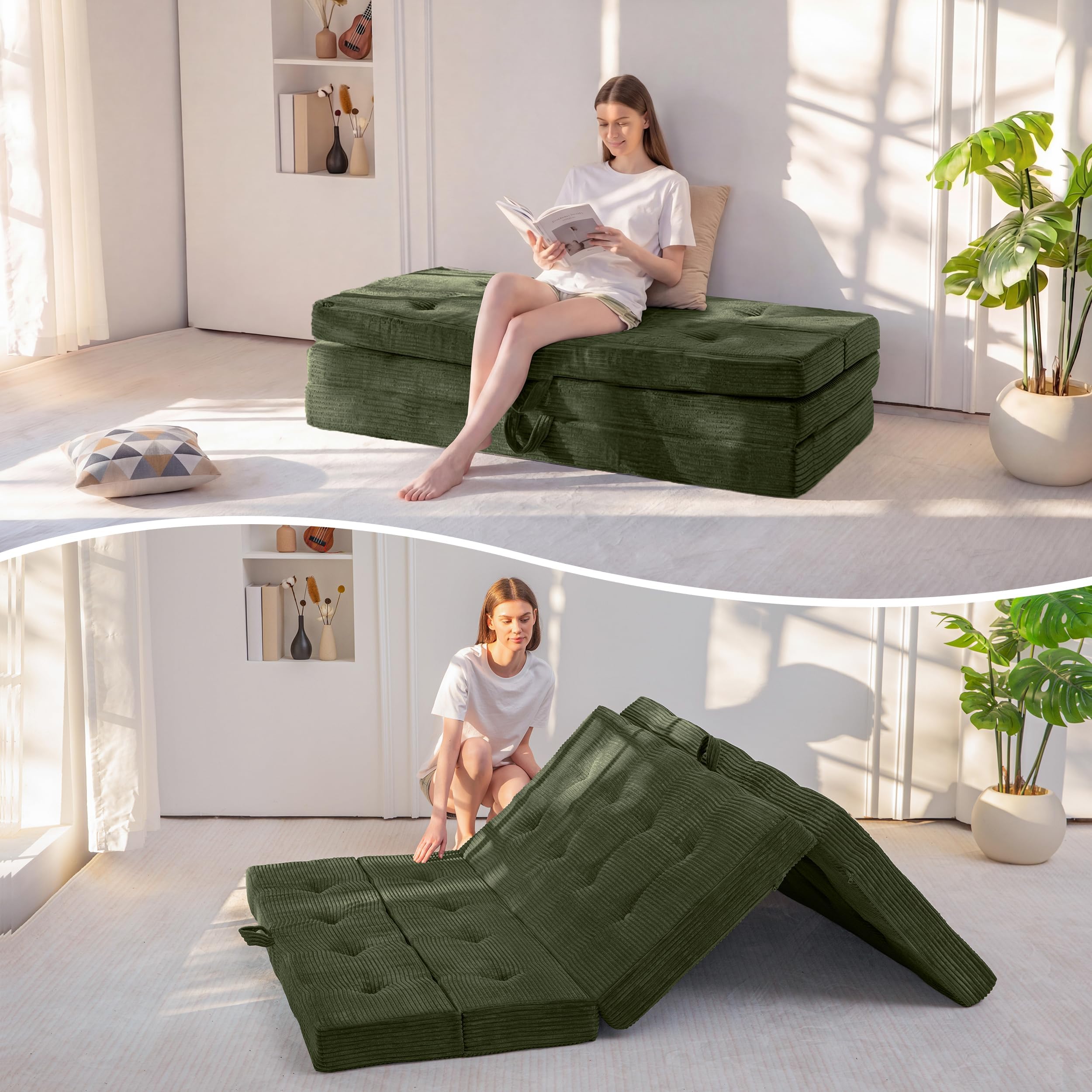 MAXYOYO Folding Mattress, 4 Inch Tufted Foldable Mattress Full Foam Bed, Tri-Fold Floor Couch with Handles Guest Bed Topper Portable Camping Mat with Corded Fabric, Full Size, Dark Green