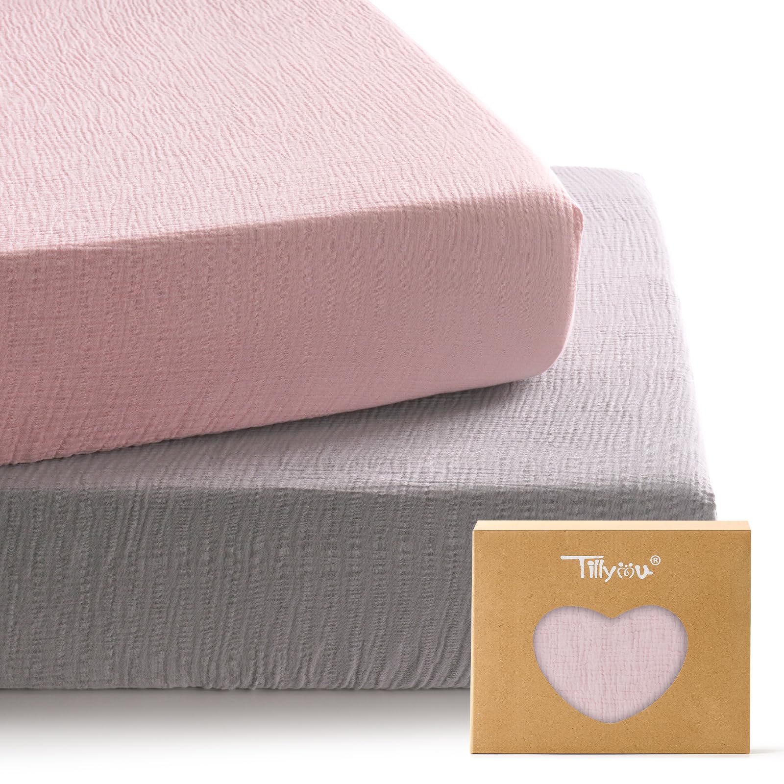 TILLYOU 2 Pack Muslin Crib Sheets for Boys and Girls, 100% Cotton Fitted Crib Sheet for Toddler 52x28 Standard Crib Mattress, Grey and Pink