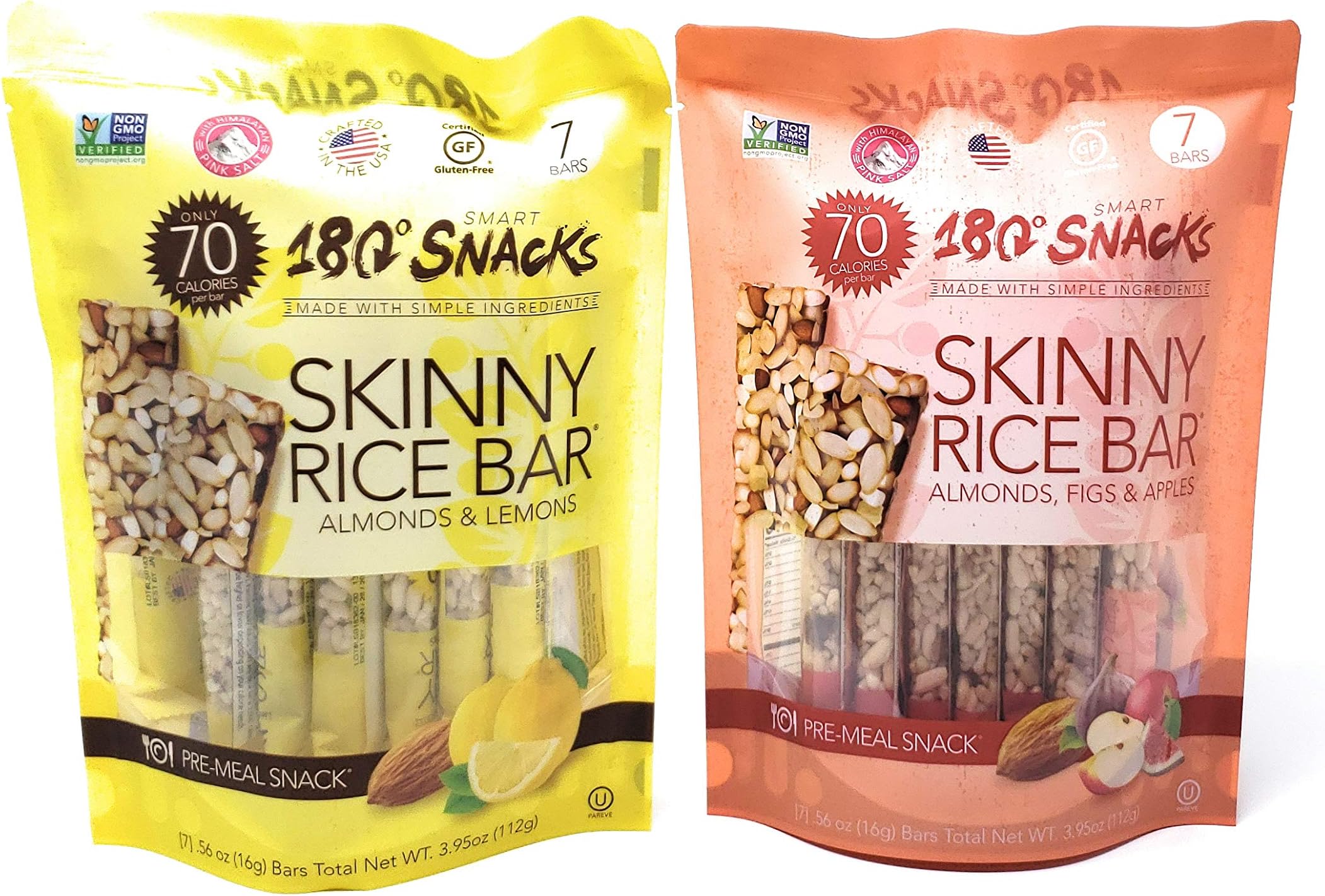 180 Smart Snacks Skinny Rice Bar Pre-Meal Snack Bundle of 2 Flavors: Lemon & Apple