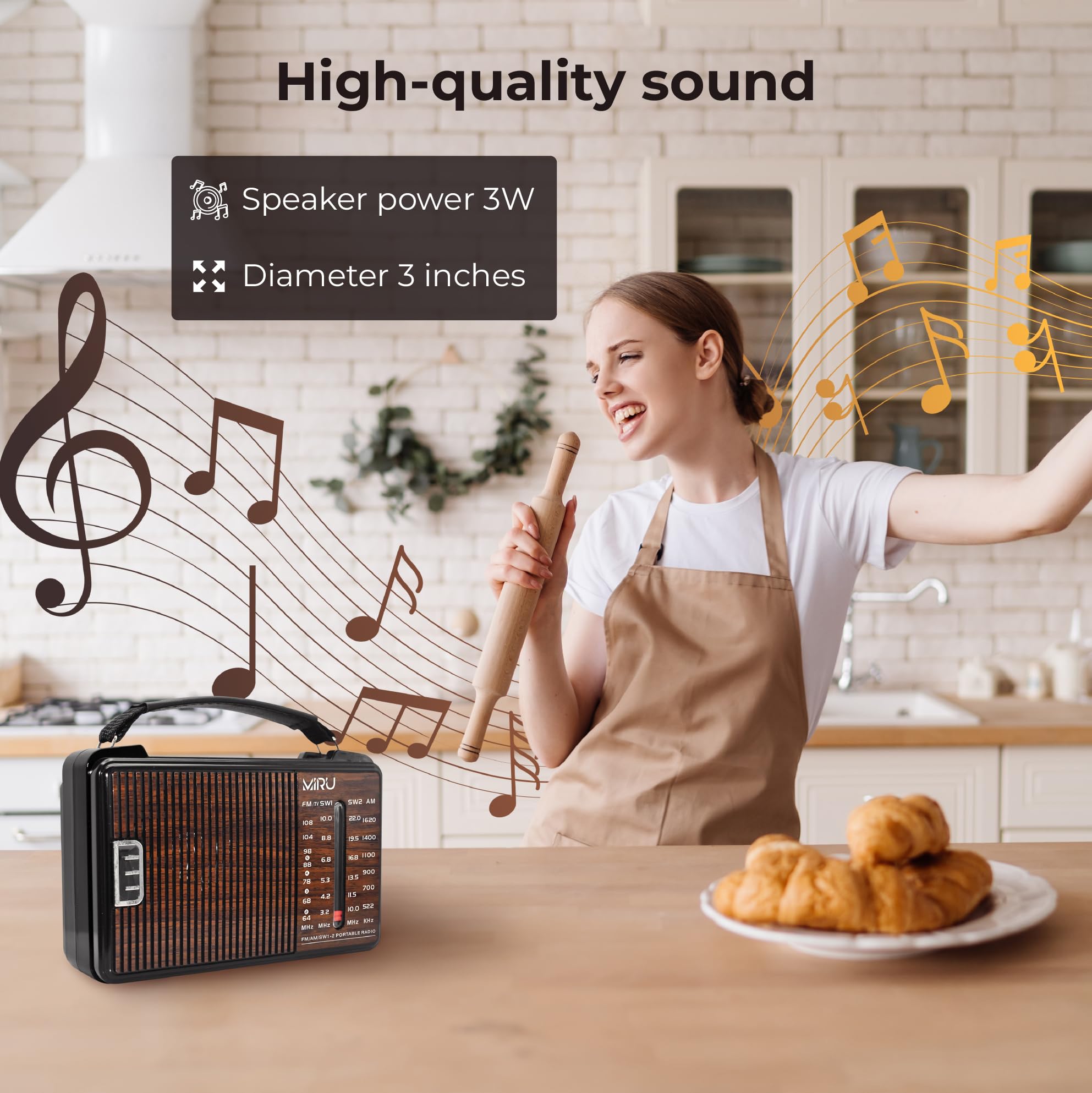 MIRU Radio Portatile AM/FM/SW SR-1021 con USB, Antenna Telescopica, 220V, Nero Legno
