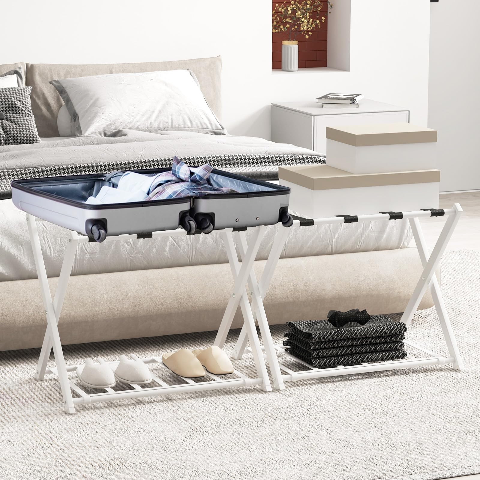 COSTWAY Portavaligie Pieghevole a 2 Ripiani, Cavalletto da Valigie in Metallo 68x43x56 cm Bianco
