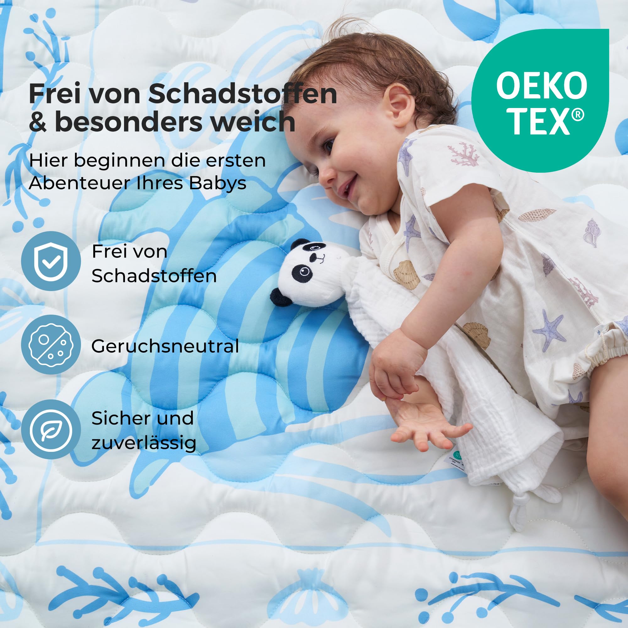 Momcozy Spielmatte Baby für den Boden, 127x127 cm verdickte Krabbeldecke, Spielunterlage für Baby Bauchzeit, wasserabweisend & rutschfest, Spielmatte Baby faltbar Outdoor mit Tragegriff, Ozean