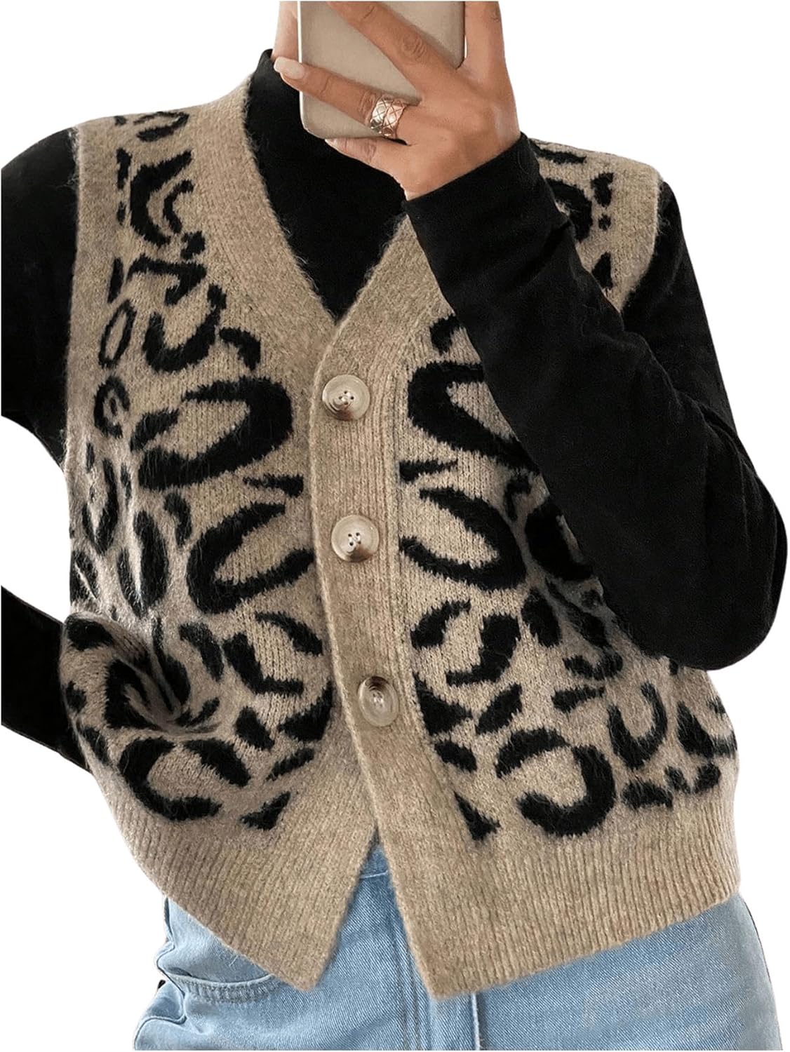GORGLITTER Women's Leopard Button Up Sweater Vest Cheetah Print Sleeveless Office Knit Trendy Vests Top