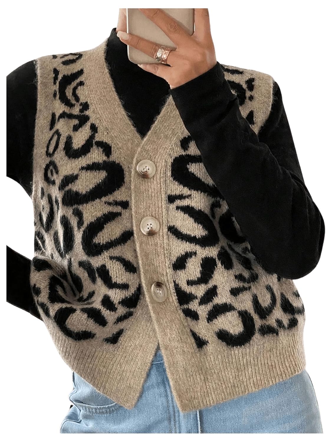 GORGLITTER Womens Leopard Button Up Sweater Vest Cheetah Print Sleeveless Office Knit Trendy Vests Top